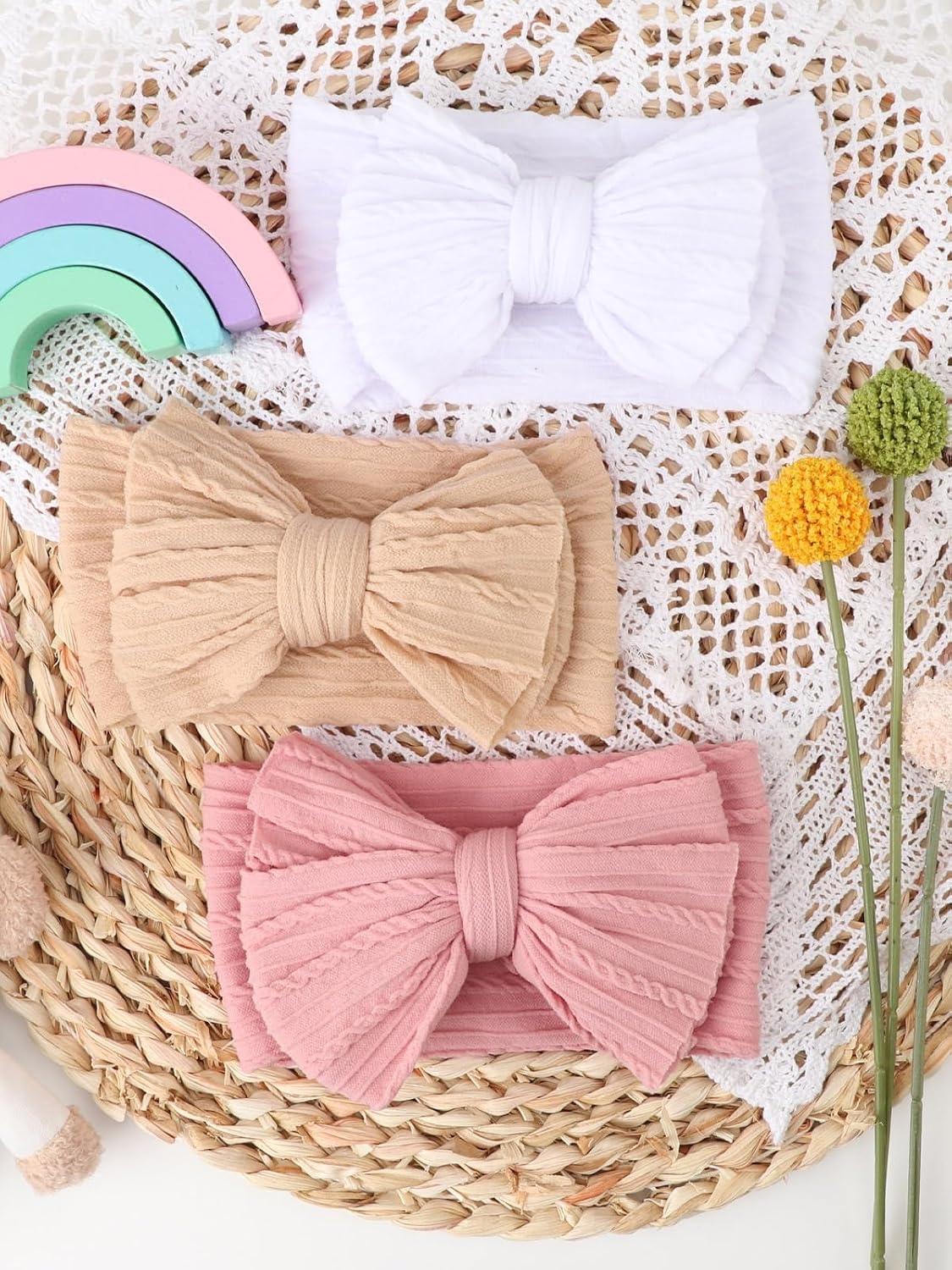 image:imageDRESHOW BQUBO Handmade Baby Headbands Soft amp Stretchy Hair Bands with Bows Nylon Bows Hairbands for Girls Newborn Infant Toddlers Hair Accessories 3 pack3 Pack Bow Knit Spiral Patterned E