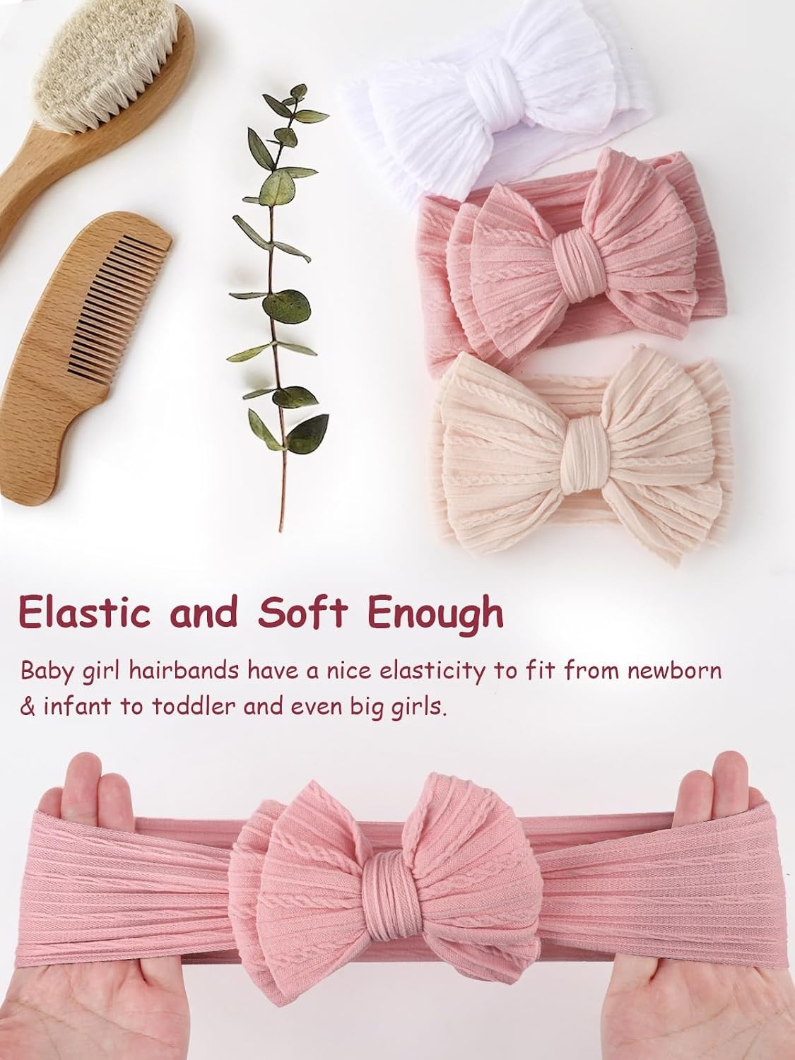 image:imageDRESHOW BQUBO Handmade Baby Headbands Soft amp Stretchy Hair Bands with Bows Nylon Bows Hairbands for Girls Newborn Infant Toddlers Hair Accessories 3 pack3 Pack Bow Knit Spiral Patterned E