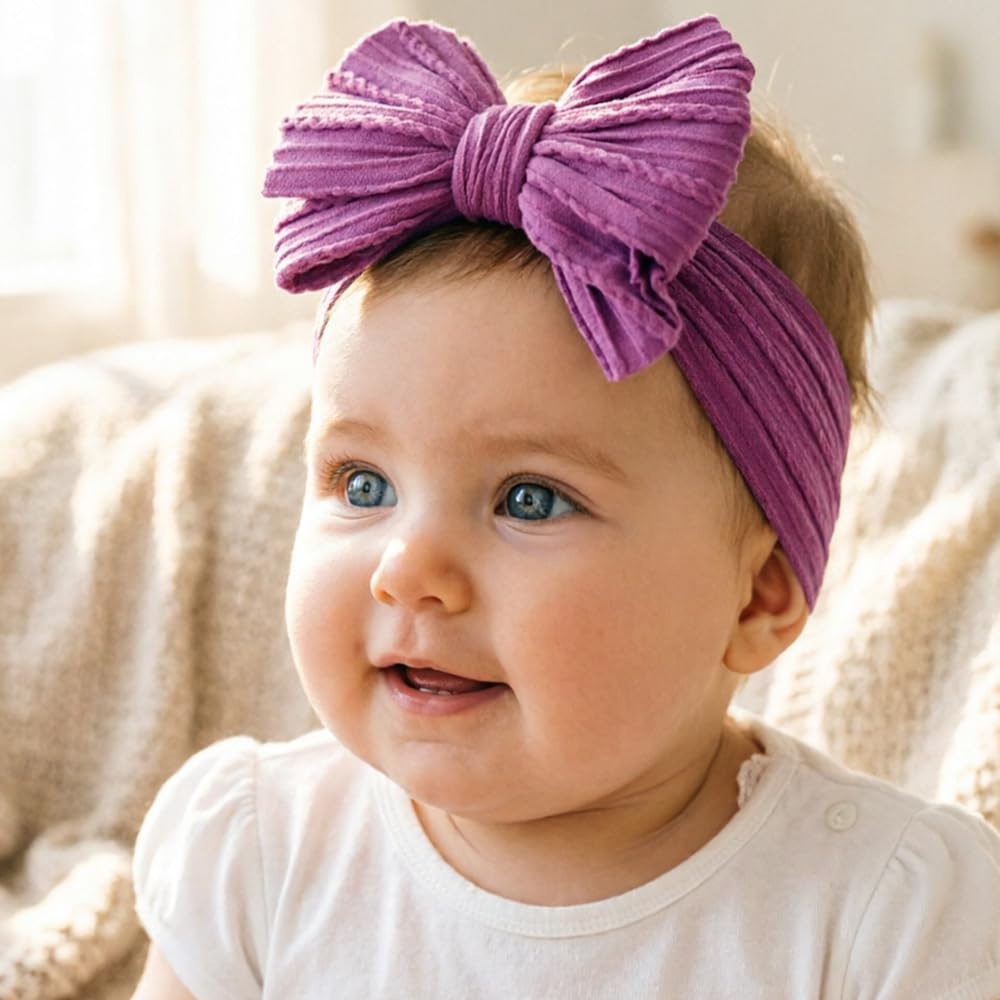 image:imageDRESHOW BQUBO Handmade Baby Headbands Soft amp Stretchy Hair Bands with Bows Nylon Bows Hairbands for Girls Newborn Infant Toddlers Hair Accessories 3 pack3 Pcs Baby Bow Headband Set Pink Lavender Plum