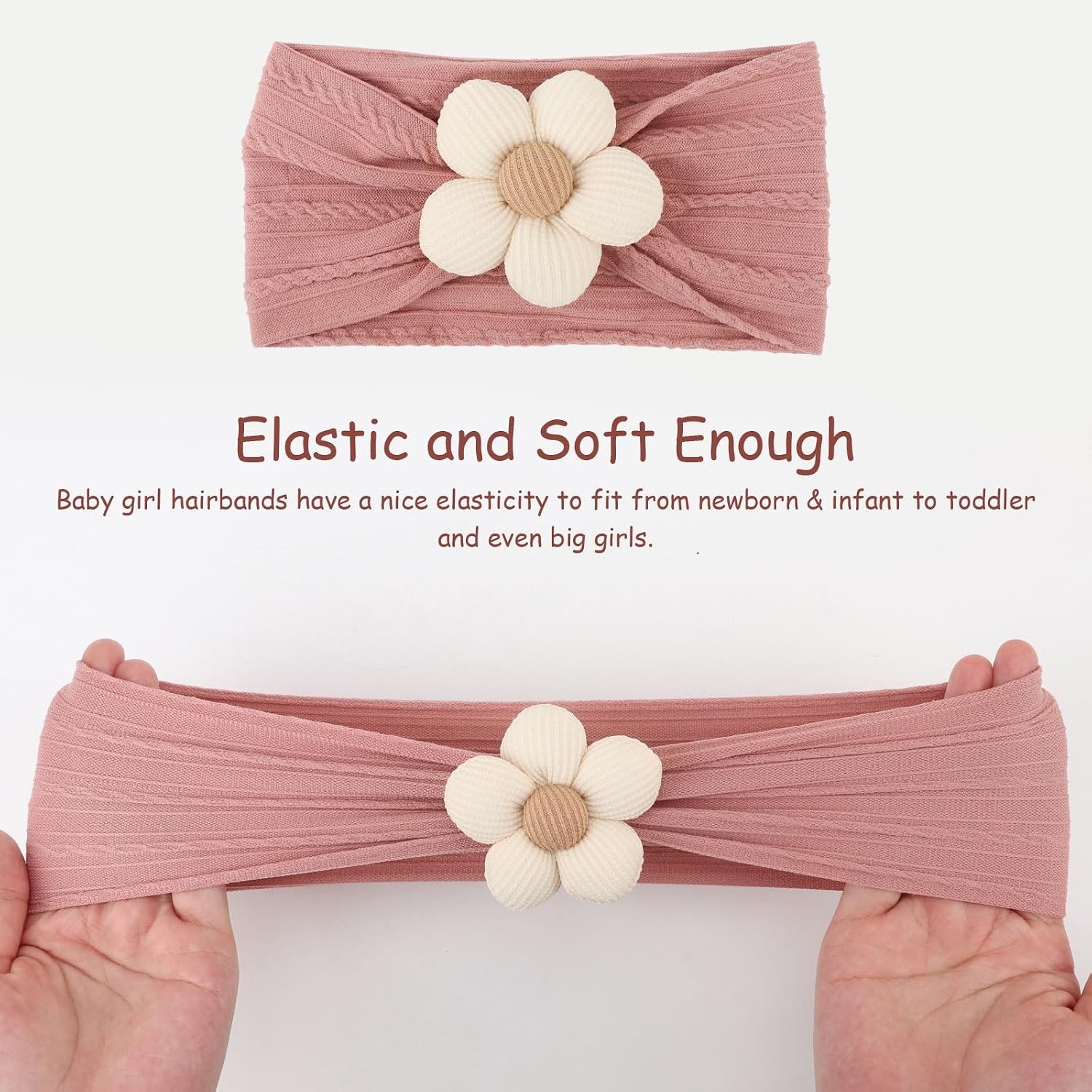 image:imageDRESHOW BQUBO Handmade Baby Headbands Soft amp Stretchy Hair Bands with Bows Nylon Bows Hairbands for Girls Newborn Infant Toddlers Hair Accessories 3 pack3 Pcs Light PinkPinkCoffee