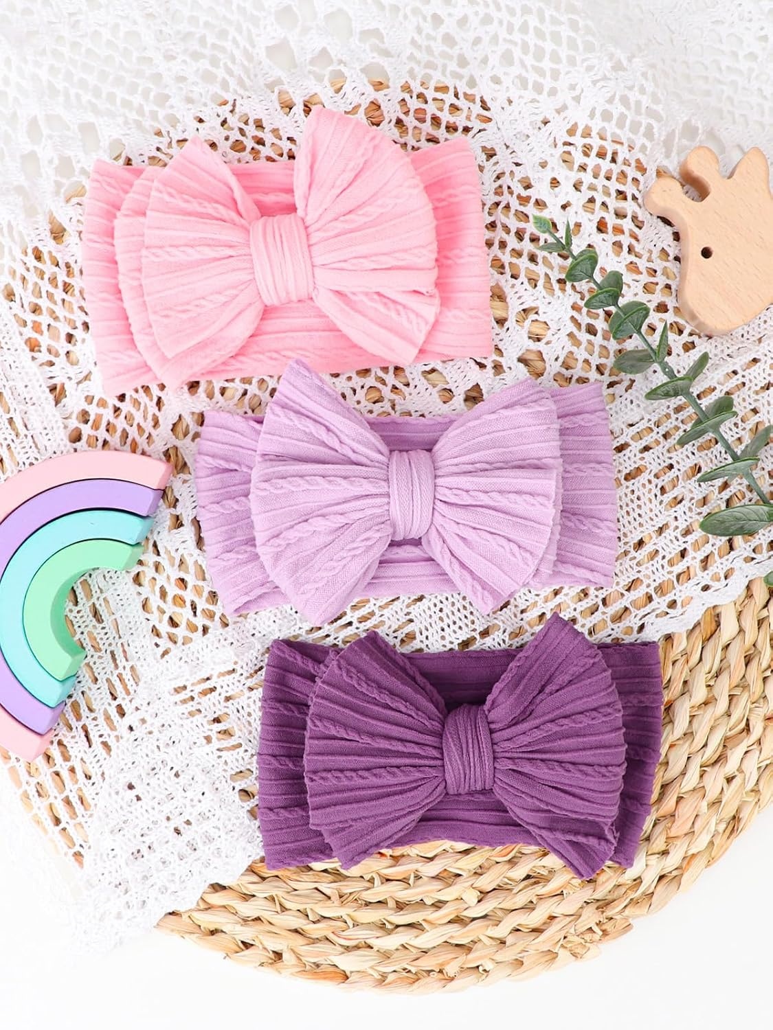 image:imageDRESHOW BQUBO Handmade Baby Headbands Soft amp Stretchy Hair Bands with Bows Nylon Bows Hairbands for Girls Newborn Infant Toddlers Hair Accessories 3 pack3 Pcs Baby Bow Headband Set Pink Lavender Plum