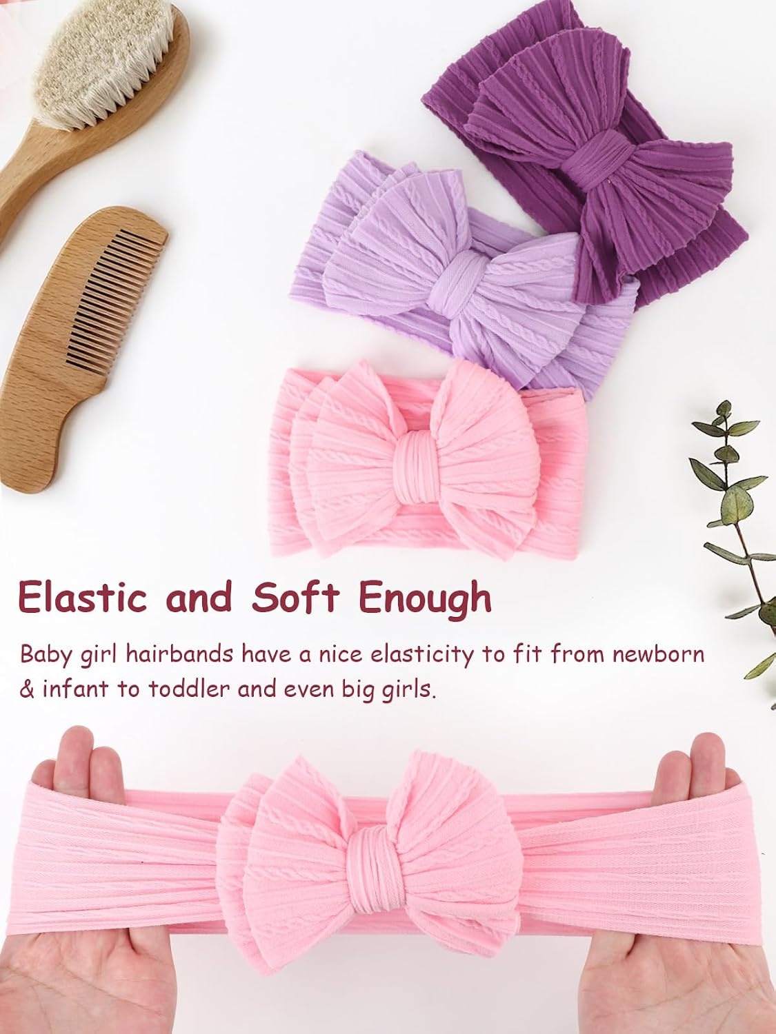 image:imageDRESHOW BQUBO Handmade Baby Headbands Soft amp Stretchy Hair Bands with Bows Nylon Bows Hairbands for Girls Newborn Infant Toddlers Hair Accessories 3 pack3 Pcs Baby Bow Headband Set Pink Lavender Plum