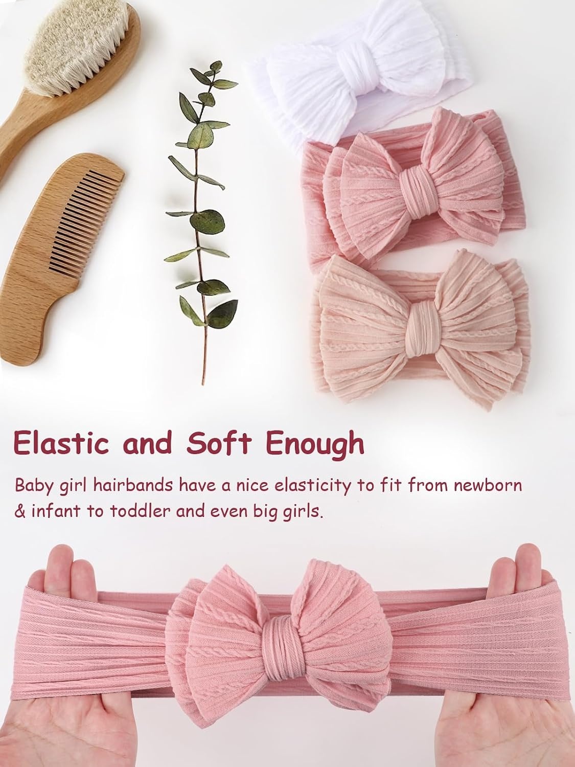 image:imageDRESHOW BQUBO Handmade Baby Headbands Soft amp Stretchy Hair Bands with Bows Nylon Bows Hairbands for Girls Newborn Infant Toddlers Hair Accessories 3 pack3 Pack Bow Knit Spiral Patterned White Beigepink Pink