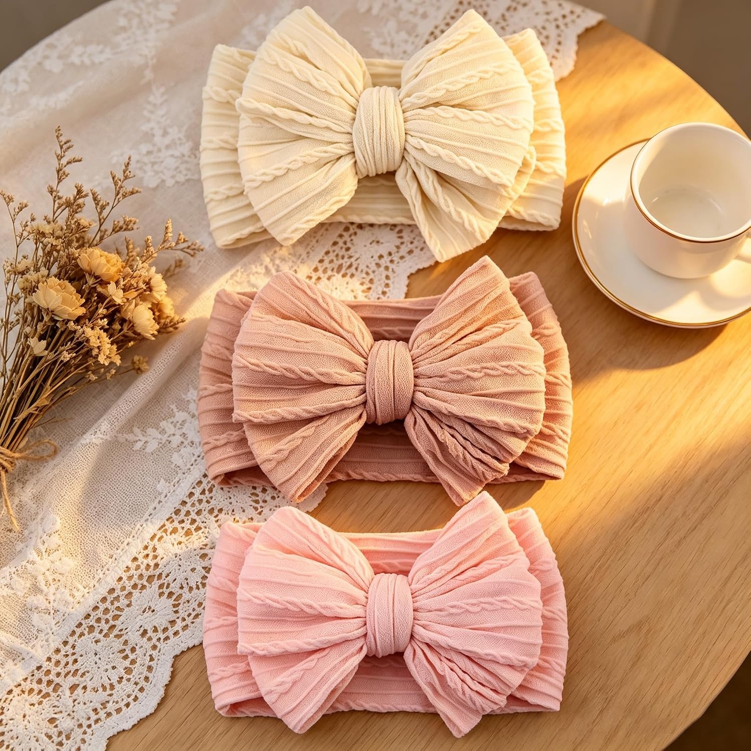 image:imageDRESHOW BQUBO Handmade Baby Headbands Soft amp Stretchy Hair Bands with Bows Nylon Bows Hairbands for Girls Newborn Infant Toddlers Hair Accessories 3 pack3 Pack Twists Patterned Bows Light Pink Pink Beige