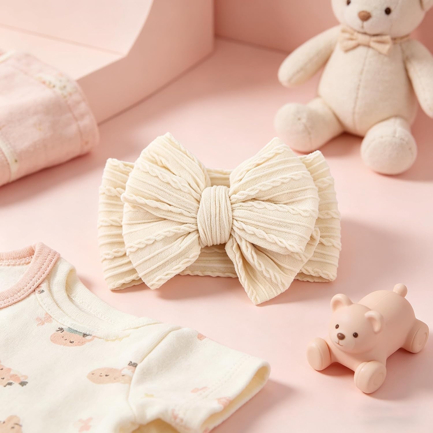image:imageDRESHOW BQUBO Handmade Baby Headbands Soft amp Stretchy Hair Bands with Bows Nylon Bows Hairbands for Girls Newborn Infant Toddlers Hair Accessories 3 pack3 Pack Twists Patterned Bows Light Pink Pink Beige