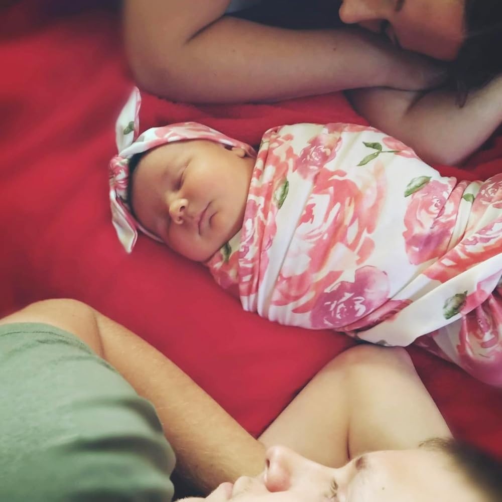 image:imageDRESHOW BQUBO Newborn Receiving Blanket with Bow Hat Set Flower Print Baby Swaddle Blankets with Beanie Nursery Swaddle Wrap 3 Sets1 Set Big Flower Pink With Headband