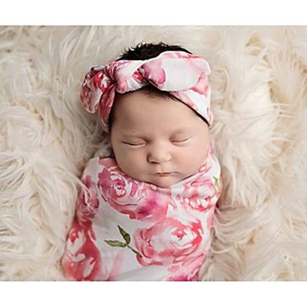 image:imageDRESHOW BQUBO Newborn Receiving Blanket with Bow Hat Set Flower Print Baby Swaddle Blankets with Beanie Nursery Swaddle Wrap 3 Sets1 Set Big Flower Pink With Headband