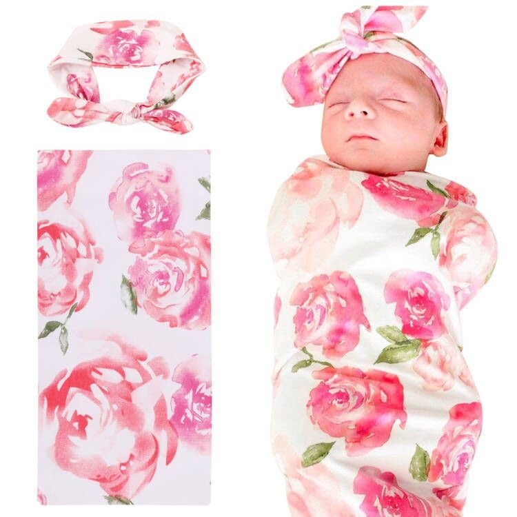 image:imageDRESHOW BQUBO Newborn Receiving Blanket with Bow Hat Set Flower Print Baby Swaddle Blankets with Beanie Nursery Swaddle Wrap 3 Sets1 Set Big Flower Pink With Headband