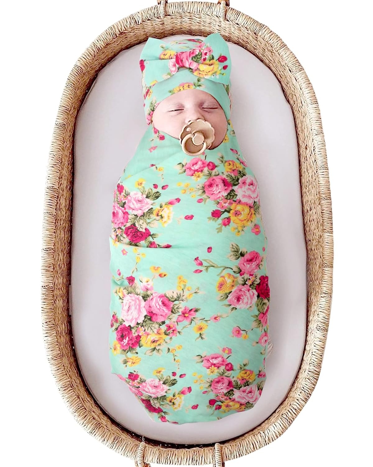 image:imageDRESHOW BQUBO Newborn Receiving Blanket with Bow Hat Set Flower Print Baby Swaddle Blankets with Beanie Nursery Swaddle Wrap 3 Sets1 Set Printed Bow Hat Blanket Classic Green
