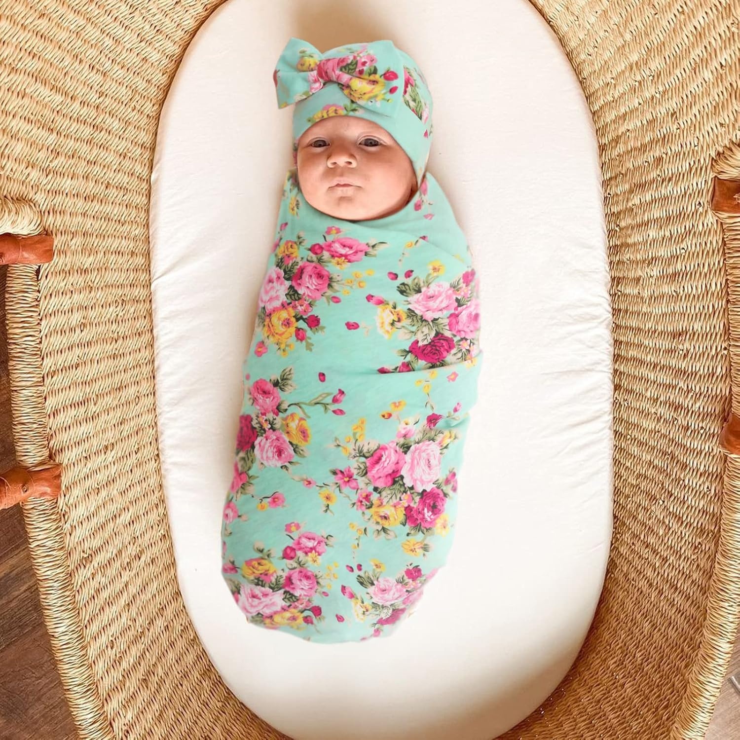 image:imageDRESHOW BQUBO Newborn Receiving Blanket with Bow Hat Set Flower Print Baby Swaddle Blankets with Beanie Nursery Swaddle Wrap 3 Sets1 Set Printed Bow Hat Blanket Classic Green