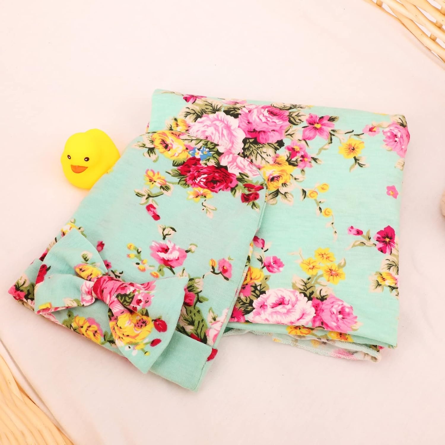 image:imageDRESHOW BQUBO Newborn Receiving Blanket with Bow Hat Set Flower Print Baby Swaddle Blankets with Beanie Nursery Swaddle Wrap 3 Sets1 Set Printed Bow Hat Blanket Classic Green