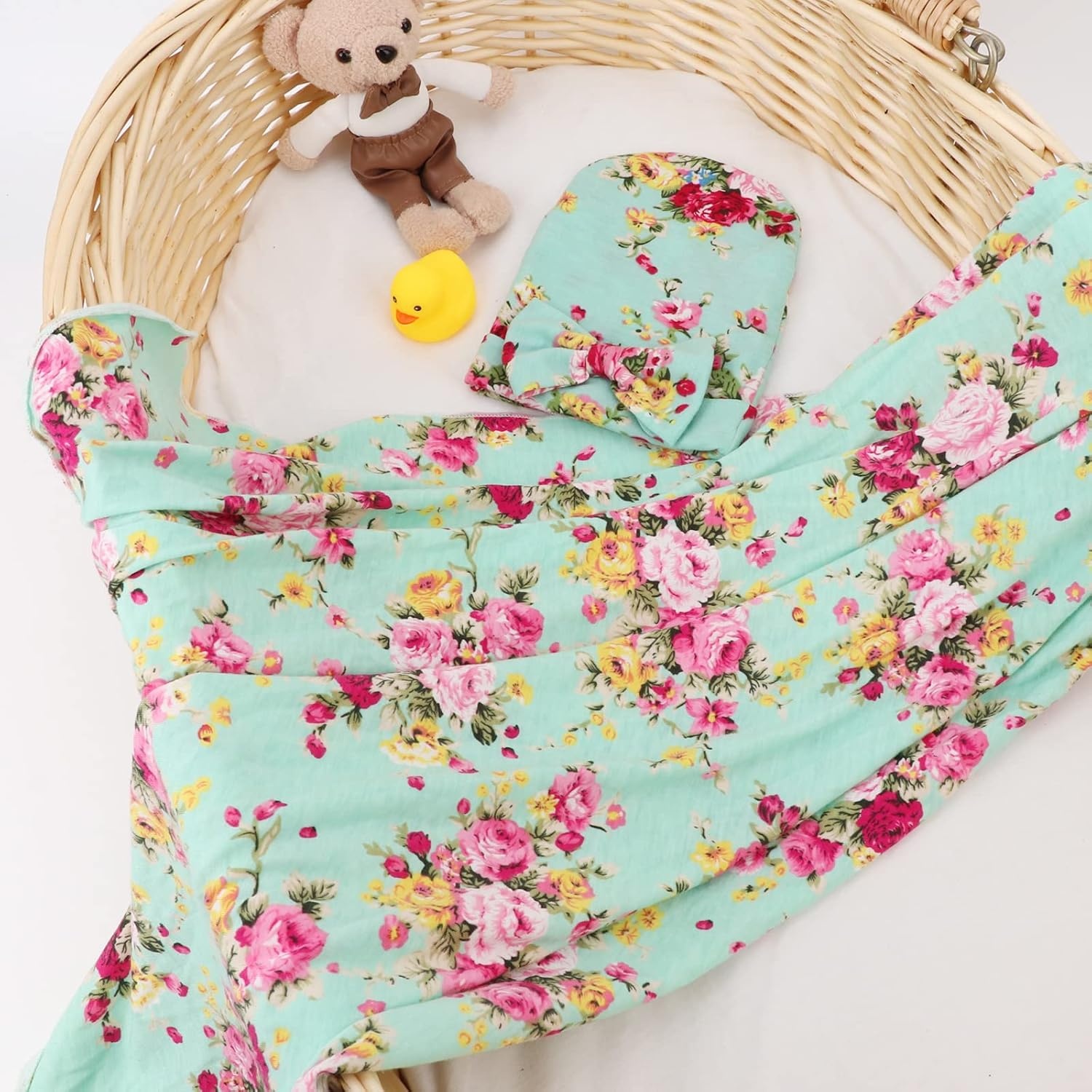 image:imageDRESHOW BQUBO Newborn Receiving Blanket with Bow Hat Set Flower Print Baby Swaddle Blankets with Beanie Nursery Swaddle Wrap 3 Sets1 Set Printed Bow Hat Blanket Classic Green