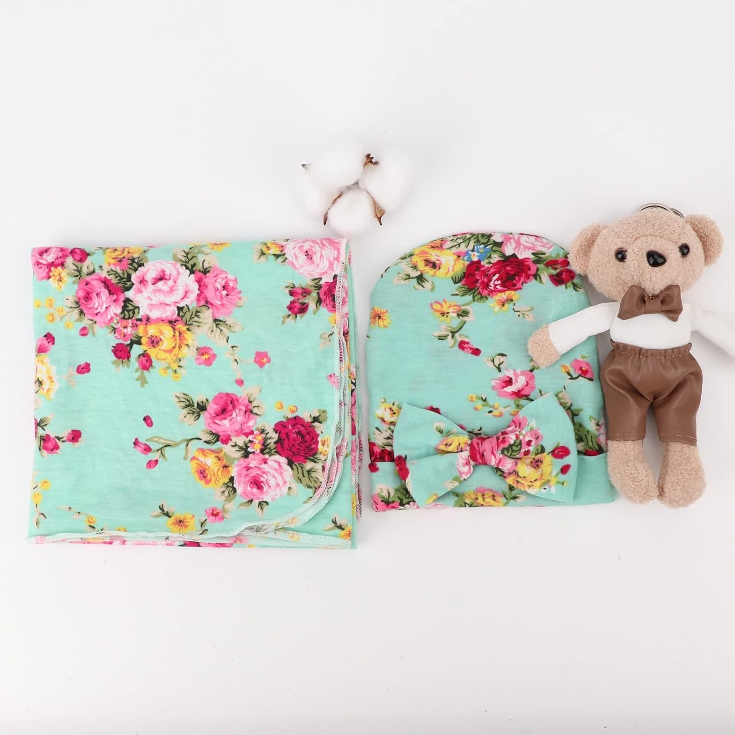 image:imageDRESHOW BQUBO Newborn Receiving Blanket with Bow Hat Set Flower Print Baby Swaddle Blankets with Beanie Nursery Swaddle Wrap 3 Sets1 Set Printed Bow Hat Blanket Classic Green