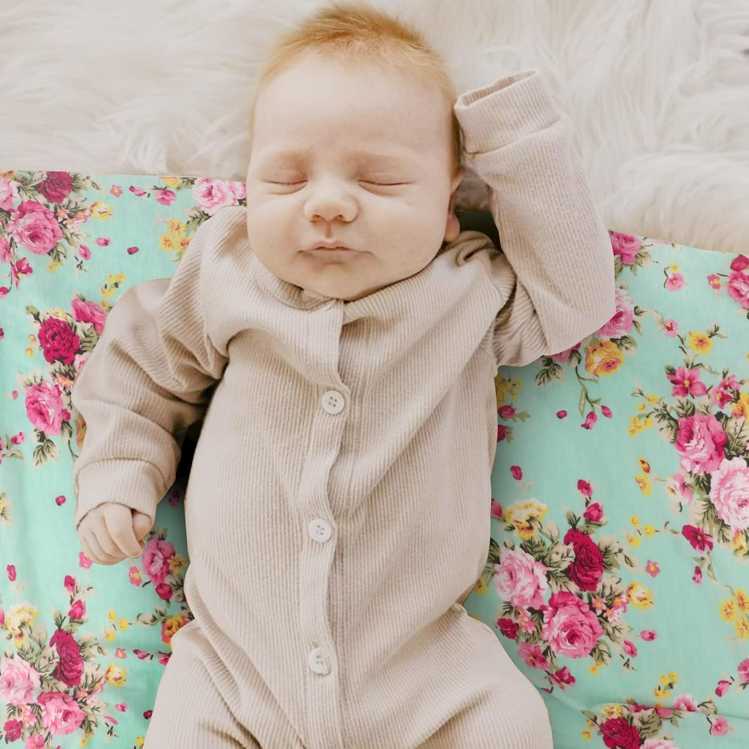 image:imageDRESHOW BQUBO Newborn Receiving Blanket with Bow Hat Set Flower Print Baby Swaddle Blankets with Beanie Nursery Swaddle Wrap 3 Sets1 Set Printed Bow Hat Blanket Classic Green
