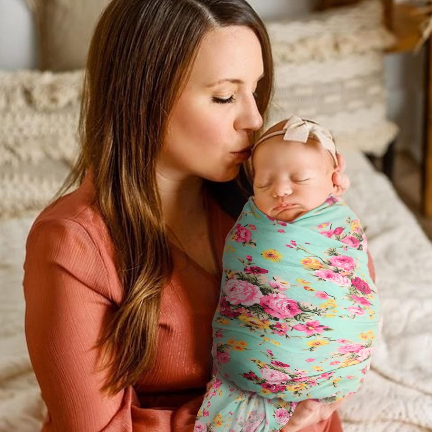 image:imageDRESHOW BQUBO Newborn Receiving Blanket with Bow Hat Set Flower Print Baby Swaddle Blankets with Beanie Nursery Swaddle Wrap 3 Sets1 Set Printed Bow Hat Blanket Classic Green