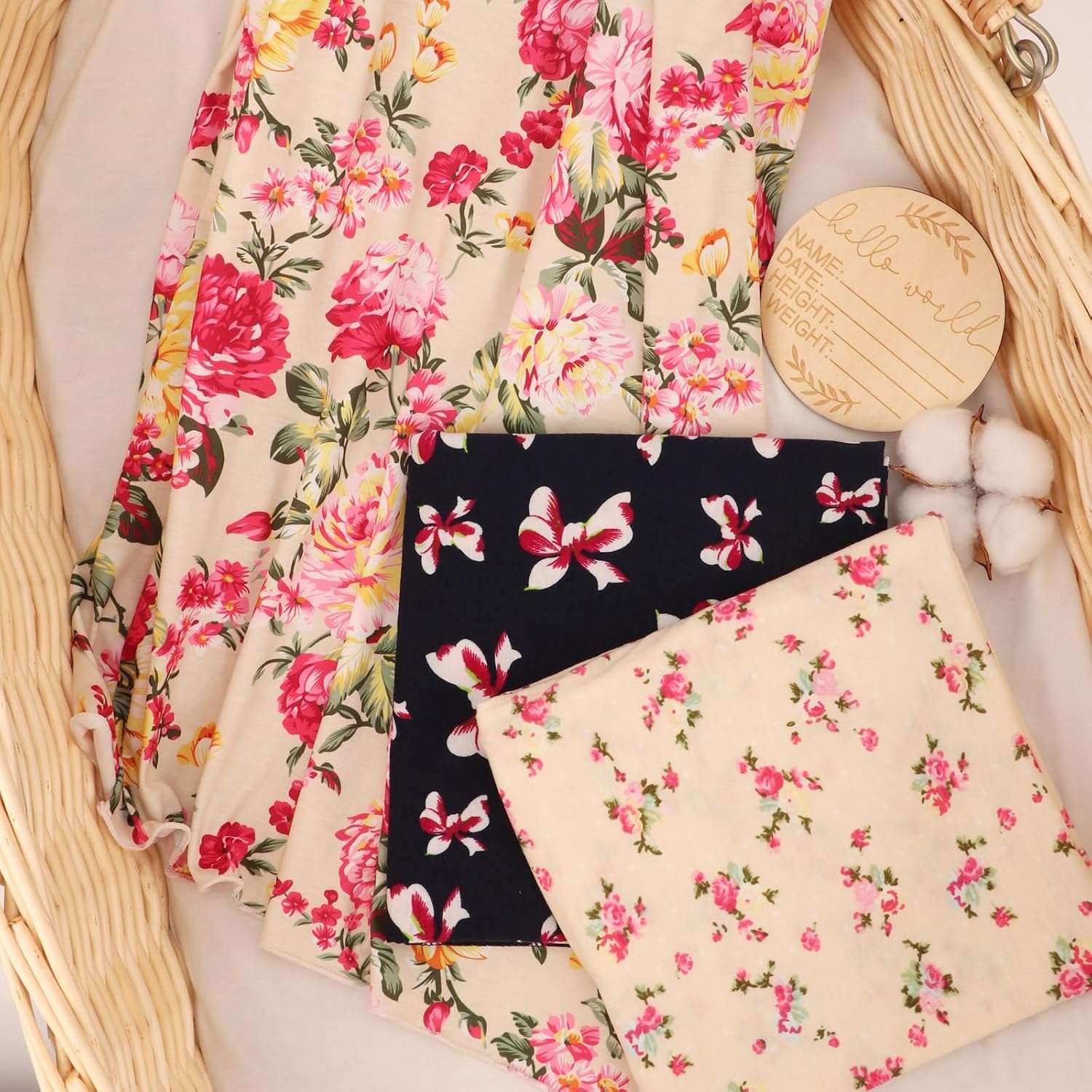 image:imageDRESHOW BQUBO Newborn Receiving Blanket with Bow Hat Set Flower Print Baby Swaddle Blankets with Beanie Nursery Swaddle Wrap 3 Sets3 Floral Sets Blanket Bow Hat Mittens Birth Announcement Card a
