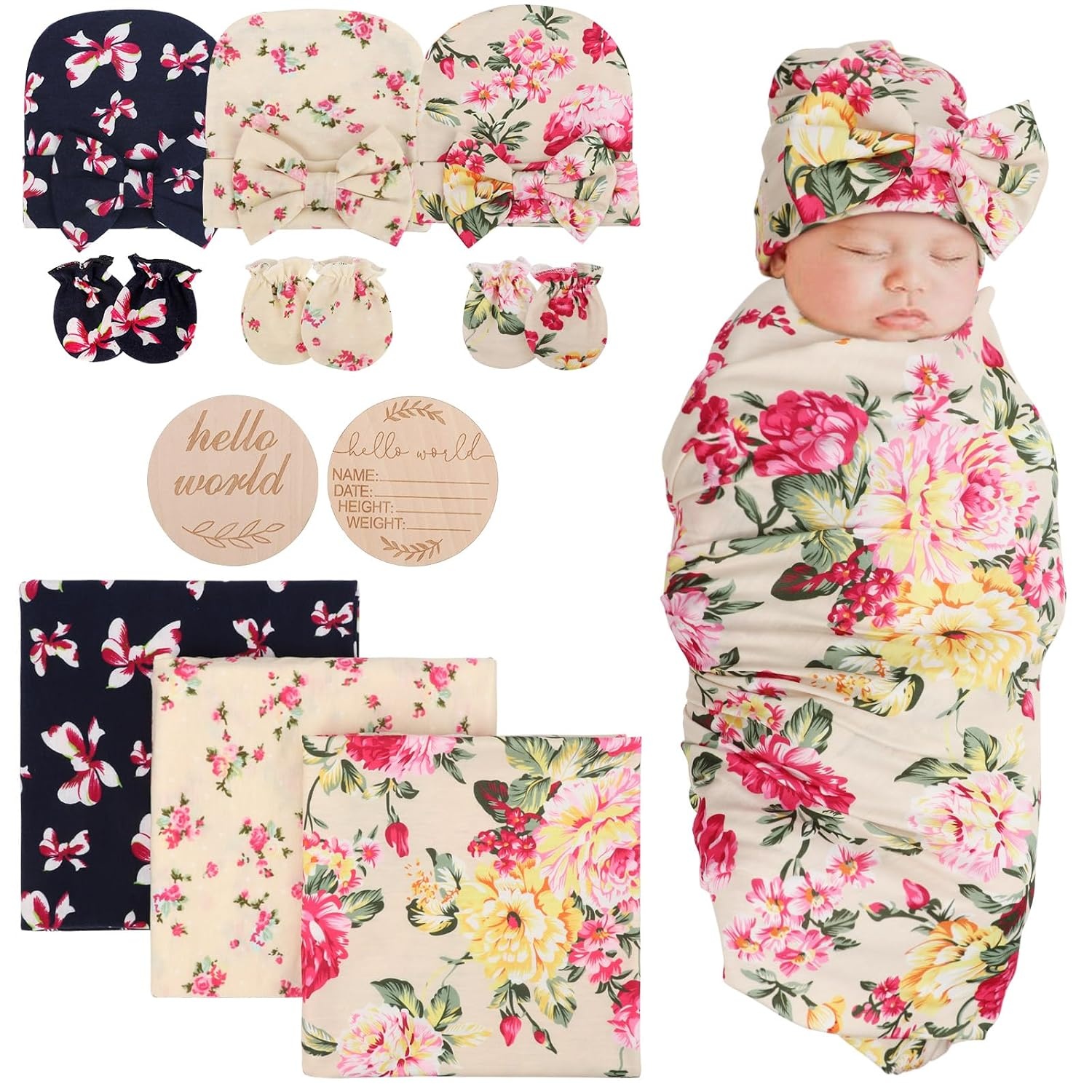 image:imageDRESHOW BQUBO Newborn Receiving Blanket with Bow Hat Set Flower Print Baby Swaddle Blankets with Beanie Nursery Swaddle Wrap 3 Sets3 Floral Sets Blanket Bow Hat Mittens Birth Announcement Card a