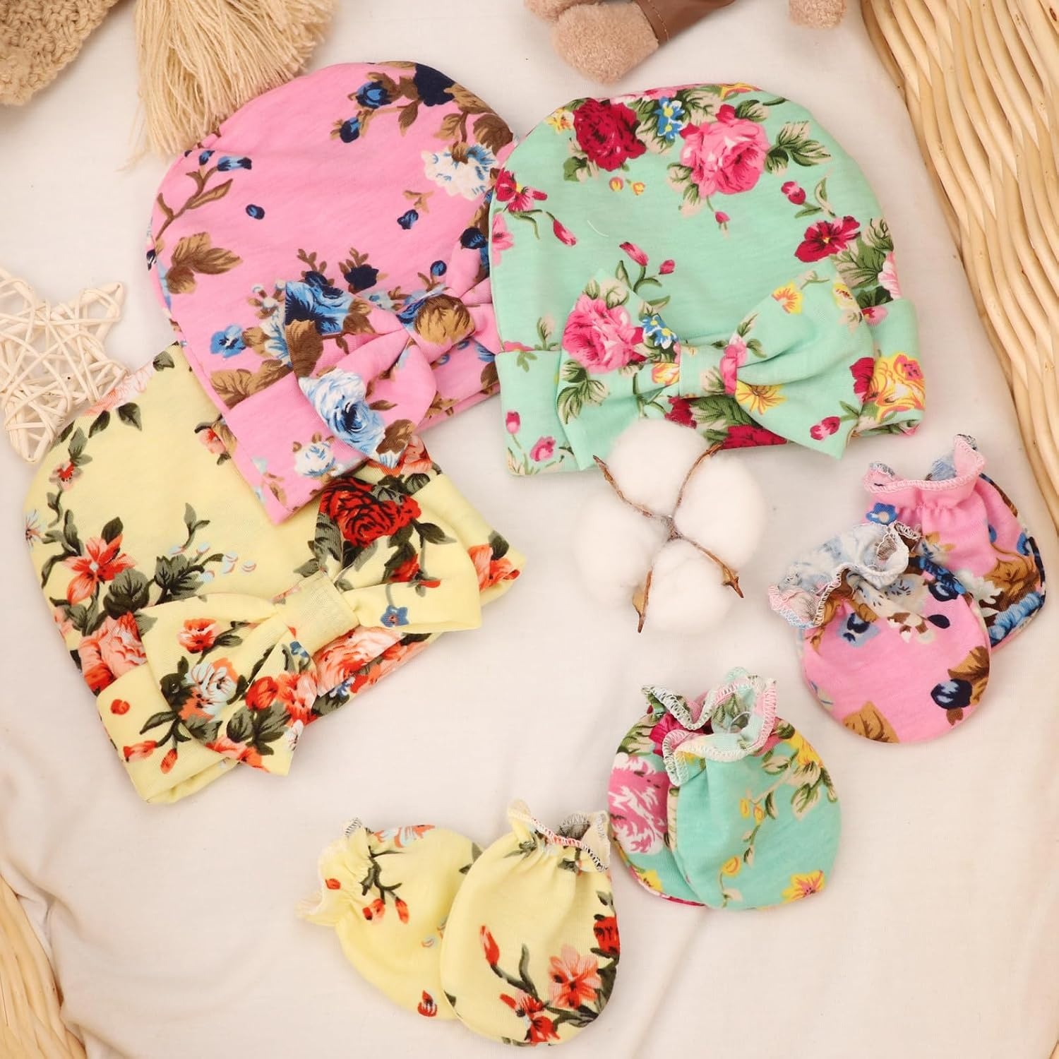 image:imageDRESHOW BQUBO Newborn Receiving Blanket with Bow Hat Set Flower Print Baby Swaddle Blankets with Beanie Nursery Swaddle Wrap 3 Sets3 Floral Sets Blanket Bow Hat Mittens Birth Announcement Card