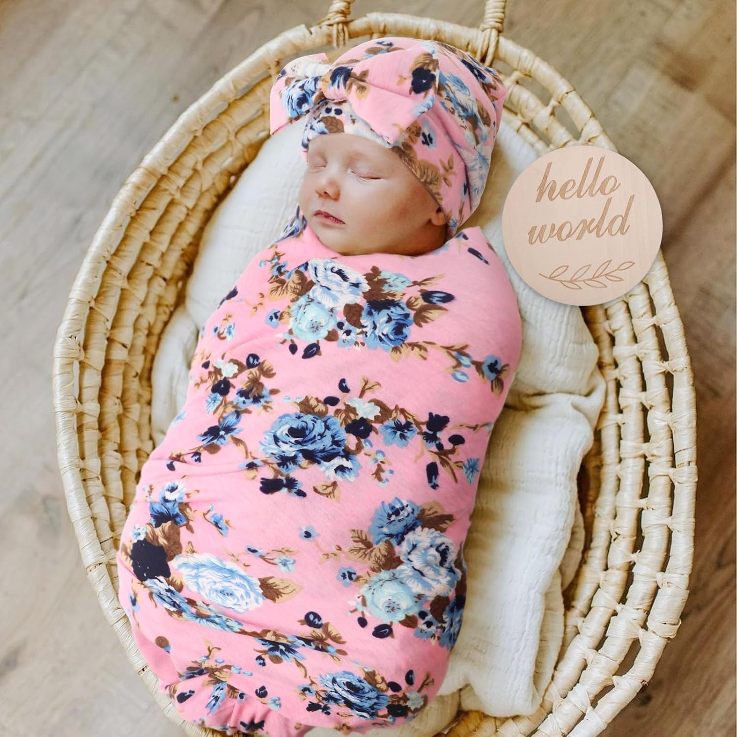 image:imageDRESHOW BQUBO Newborn Receiving Blanket with Bow Hat Set Flower Print Baby Swaddle Blankets with Beanie Nursery Swaddle Wrap 3 Sets3 Floral Sets Blanket Bow Hat Mittens Birth Announcement Card