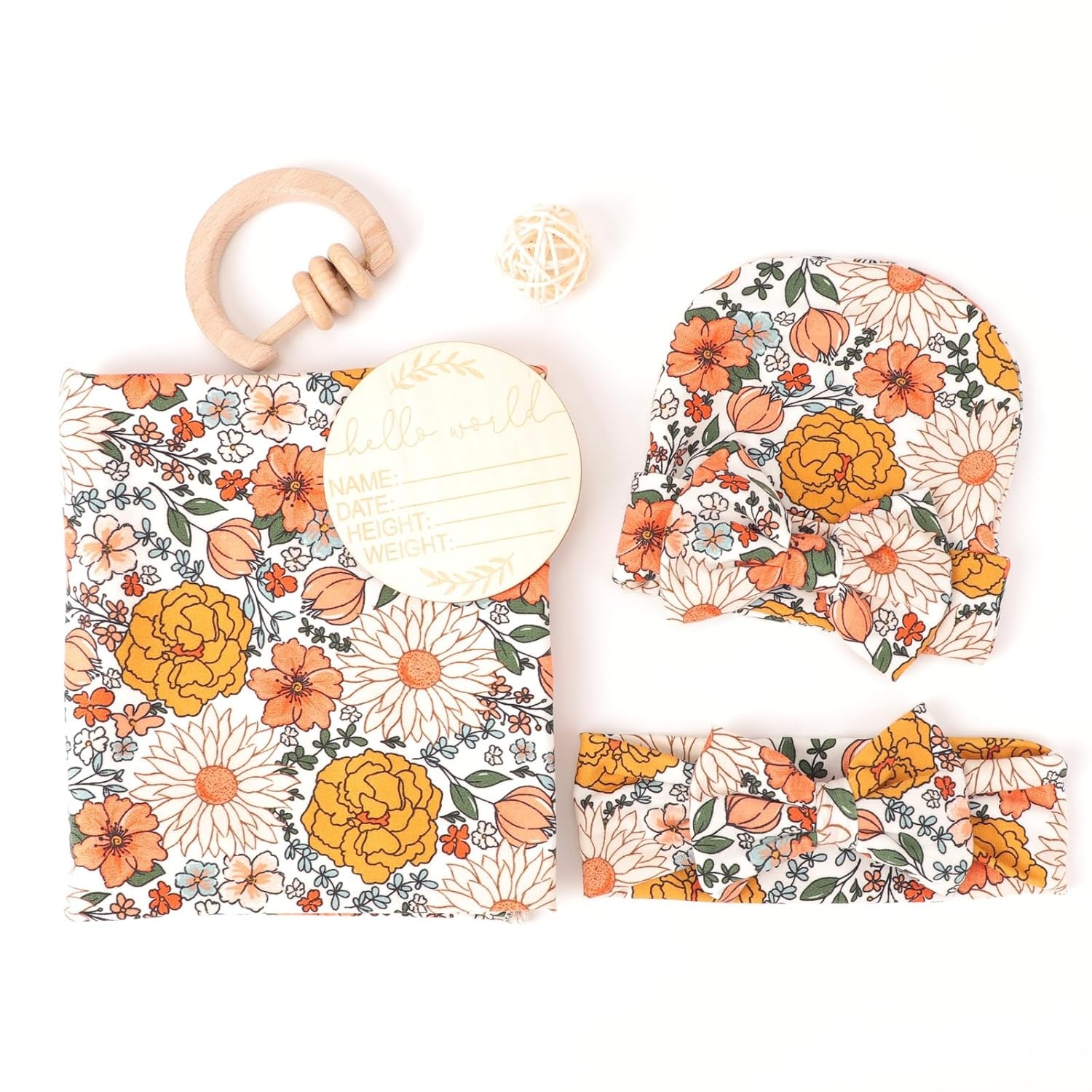 image:imageDRESHOW BQUBO Newborn Receiving Blanket with Bow Hat Set Flower Print Baby Swaddle Blankets with Beanie Nursery Swaddle Wrap 3 Sets3 Floral Sets Blanket Bow Hat Mittens Birth Announcement Card E