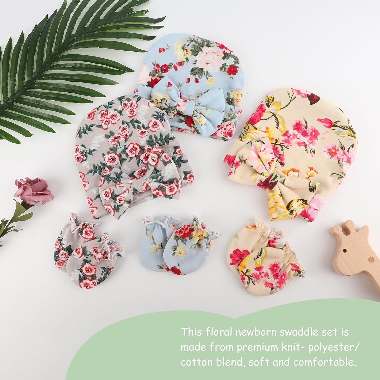 image:imageDRESHOW BQUBO Newborn Receiving Blanket with Bow Hat Set Flower Print Baby Swaddle Blankets with Beanie Nursery Swaddle Wrap 3 Sets3 Floral Sets Blanket Bow Hat Mittens Birth Announcement Card G