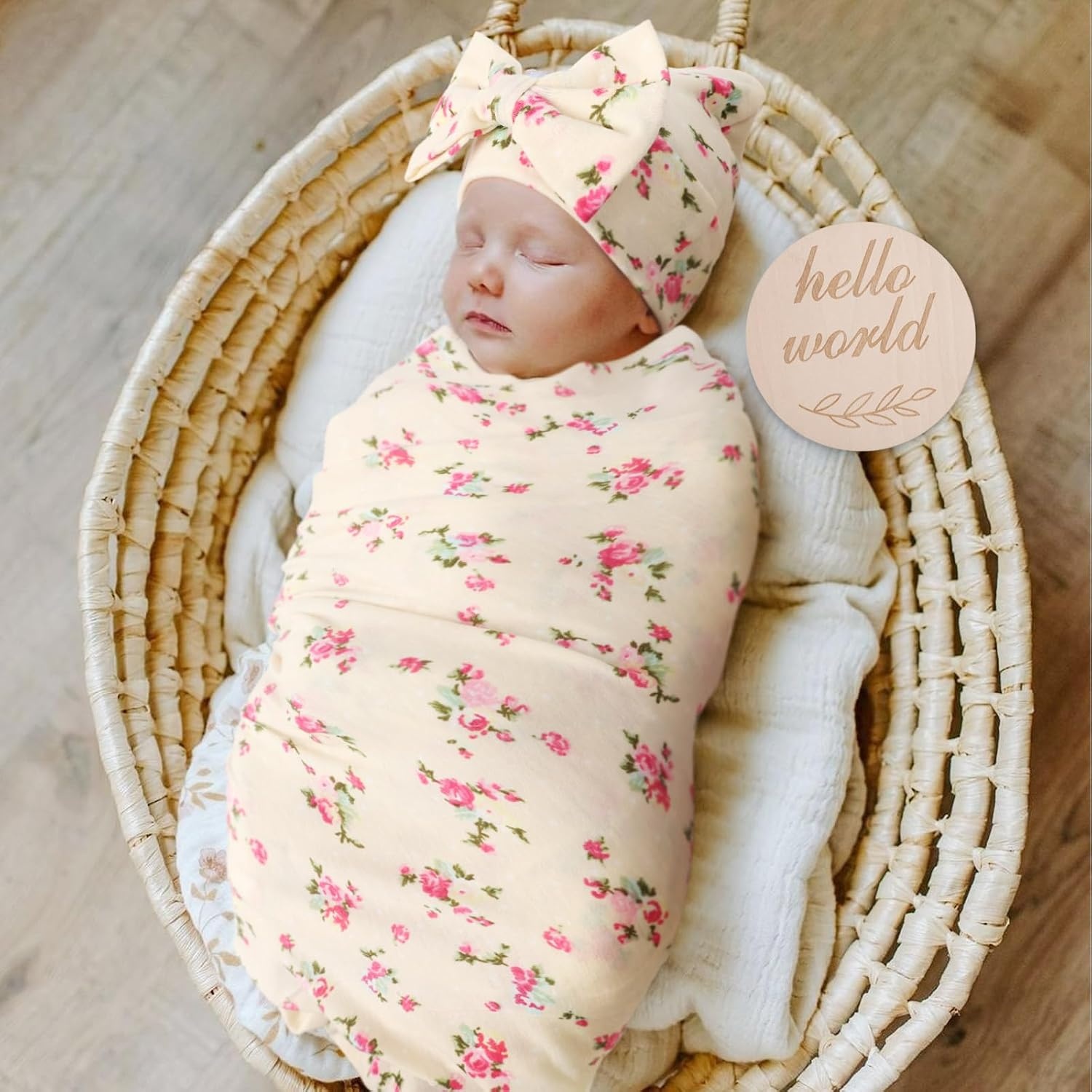 image:imageDRESHOW BQUBO Newborn Receiving Blanket with Bow Hat Set Flower Print Baby Swaddle Blankets with Beanie Nursery Swaddle Wrap 3 Sets3 Floral Sets Blanket Bow Hat Mittens Birth Announcement Card a