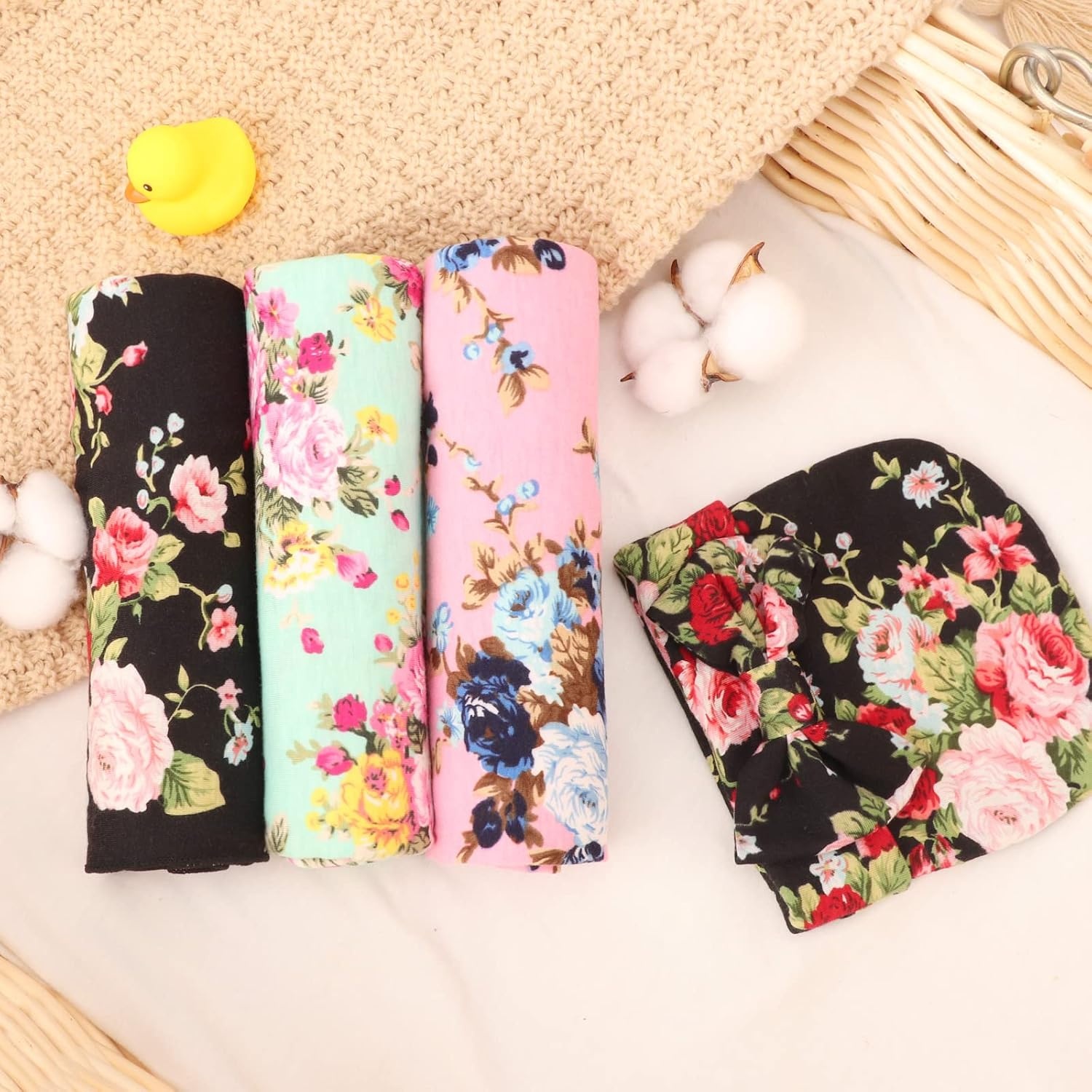 image:imageDRESHOW BQUBO Newborn Receiving Blanket with Bow Hat Set Flower Print Baby Swaddle Blankets with Beanie Nursery Swaddle Wrap 3 Sets3 Floral Sets Blanket Bow Hat Mittens Birth Announcement Card F