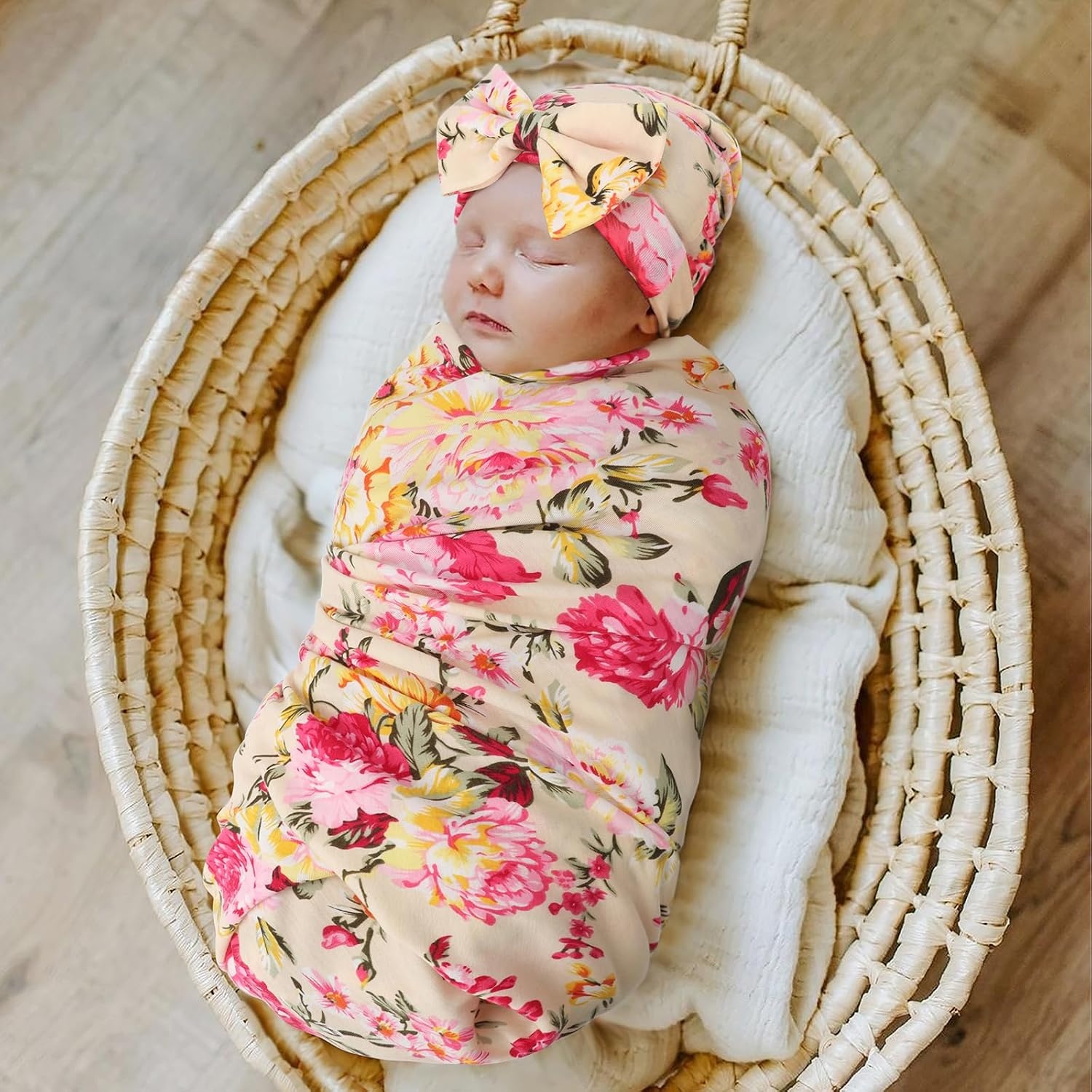 image:imageDRESHOW BQUBO Newborn Receiving Blanket with Bow Hat Set Flower Print Baby Swaddle Blankets with Beanie Nursery Swaddle Wrap 3 Sets3 Floral Sets Blanket Bow Hat Mittens Birth Announcement Card G