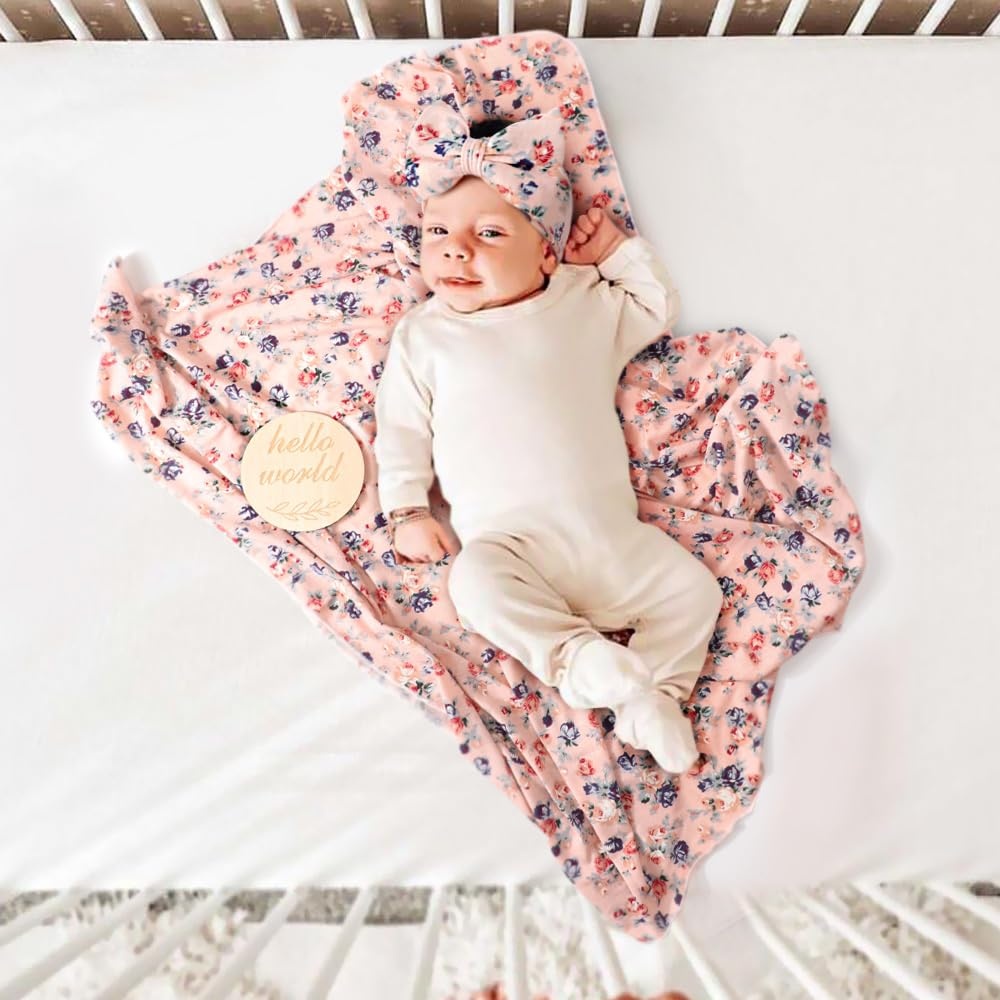 image:imageDRESHOW BQUBO Newborn Receiving Blanket with Bow Hat Set Flower Print Baby Swaddle Blankets with Beanie Nursery Swaddle Wrap 3 Sets3 Floral Sets Blanket Bow Hat Mittens Birth Announcement Card E