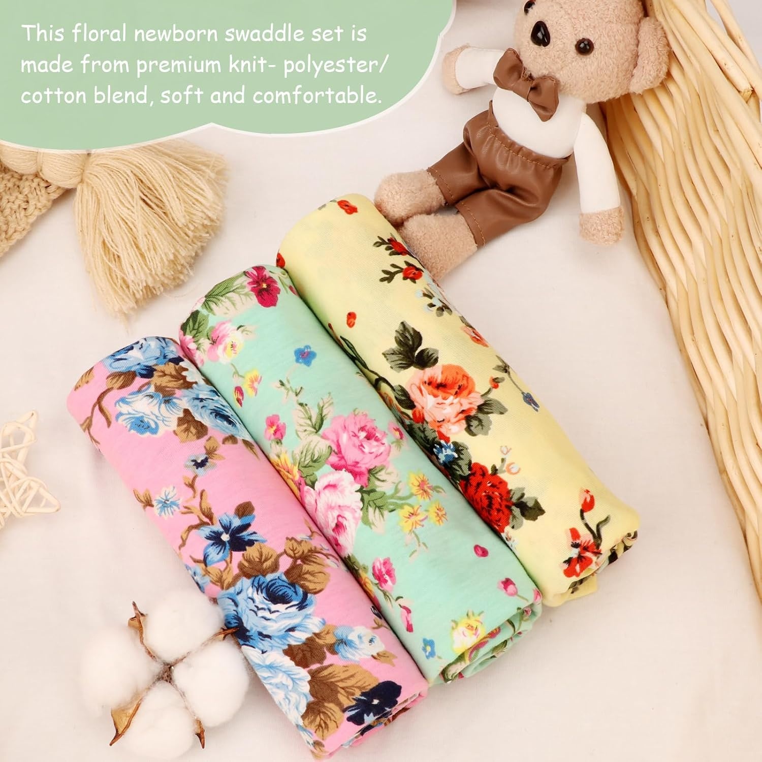 image:imageDRESHOW BQUBO Newborn Receiving Blanket with Bow Hat Set Flower Print Baby Swaddle Blankets with Beanie Nursery Swaddle Wrap 3 Sets3 Floral Sets Blanket Bow Hat Mittens Birth Announcement Card