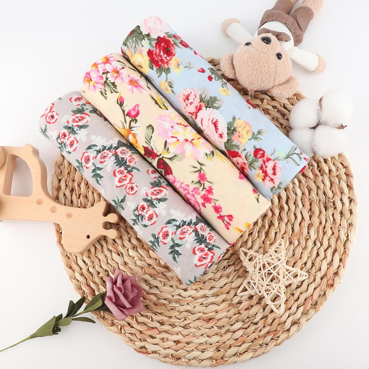 image:imageDRESHOW BQUBO Newborn Receiving Blanket with Bow Hat Set Flower Print Baby Swaddle Blankets with Beanie Nursery Swaddle Wrap 3 Sets3 Floral Sets Blanket Bow Hat Mittens Birth Announcement Card G