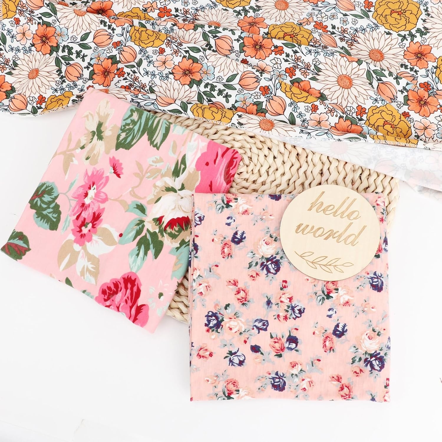 image:imageDRESHOW BQUBO Newborn Receiving Blanket with Bow Hat Set Flower Print Baby Swaddle Blankets with Beanie Nursery Swaddle Wrap 3 Sets3 Floral Sets Blanket Bow Hat Mittens Birth Announcement Card E