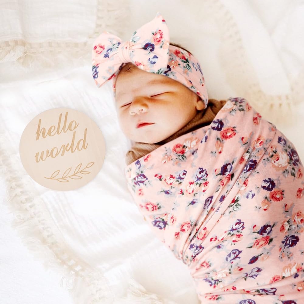 image:imageDRESHOW BQUBO Newborn Receiving Blanket with Bow Hat Set Flower Print Baby Swaddle Blankets with Beanie Nursery Swaddle Wrap 3 Sets3 Floral Sets Blanket Bow Hat Mittens Birth Announcement Card E