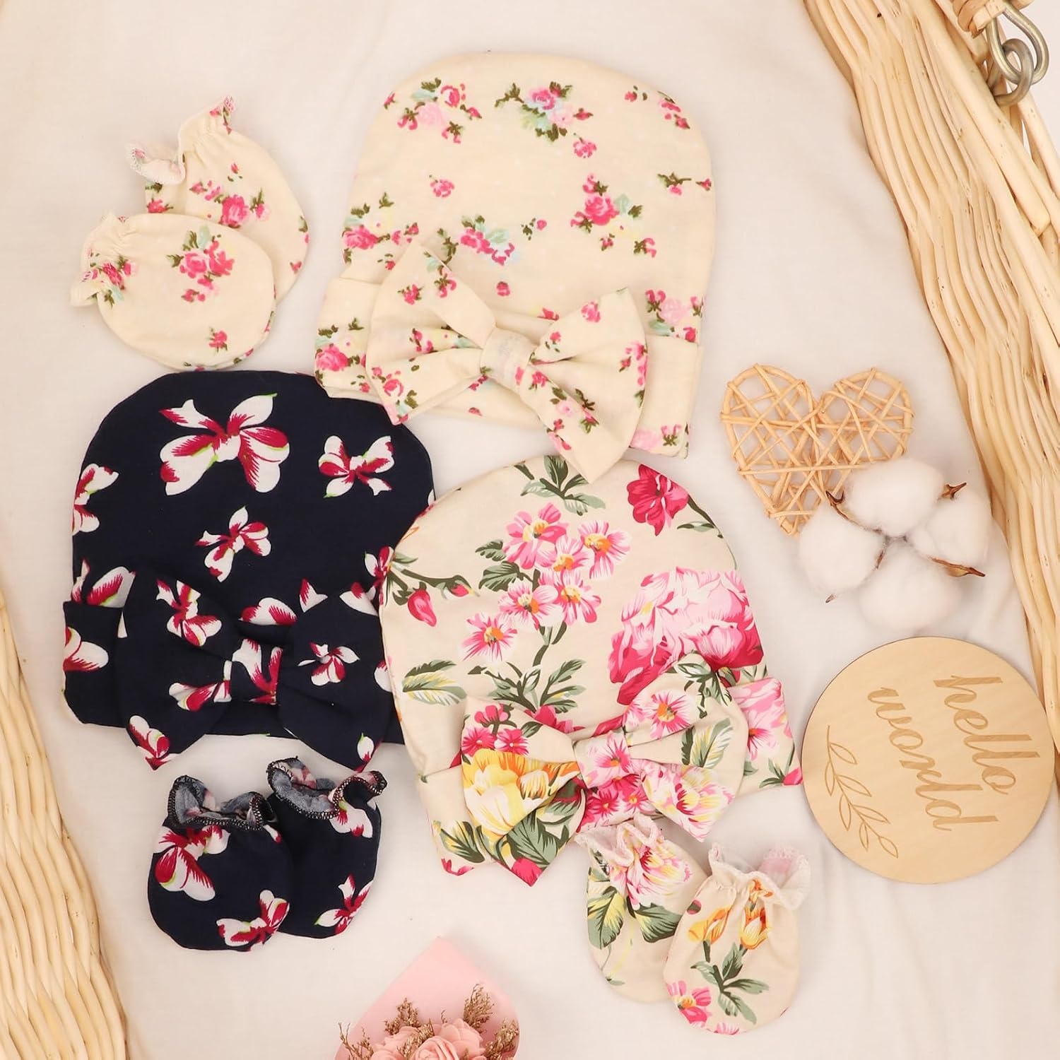 image:imageDRESHOW BQUBO Newborn Receiving Blanket with Bow Hat Set Flower Print Baby Swaddle Blankets with Beanie Nursery Swaddle Wrap 3 Sets3 Floral Sets Blanket Bow Hat Mittens Birth Announcement Card a