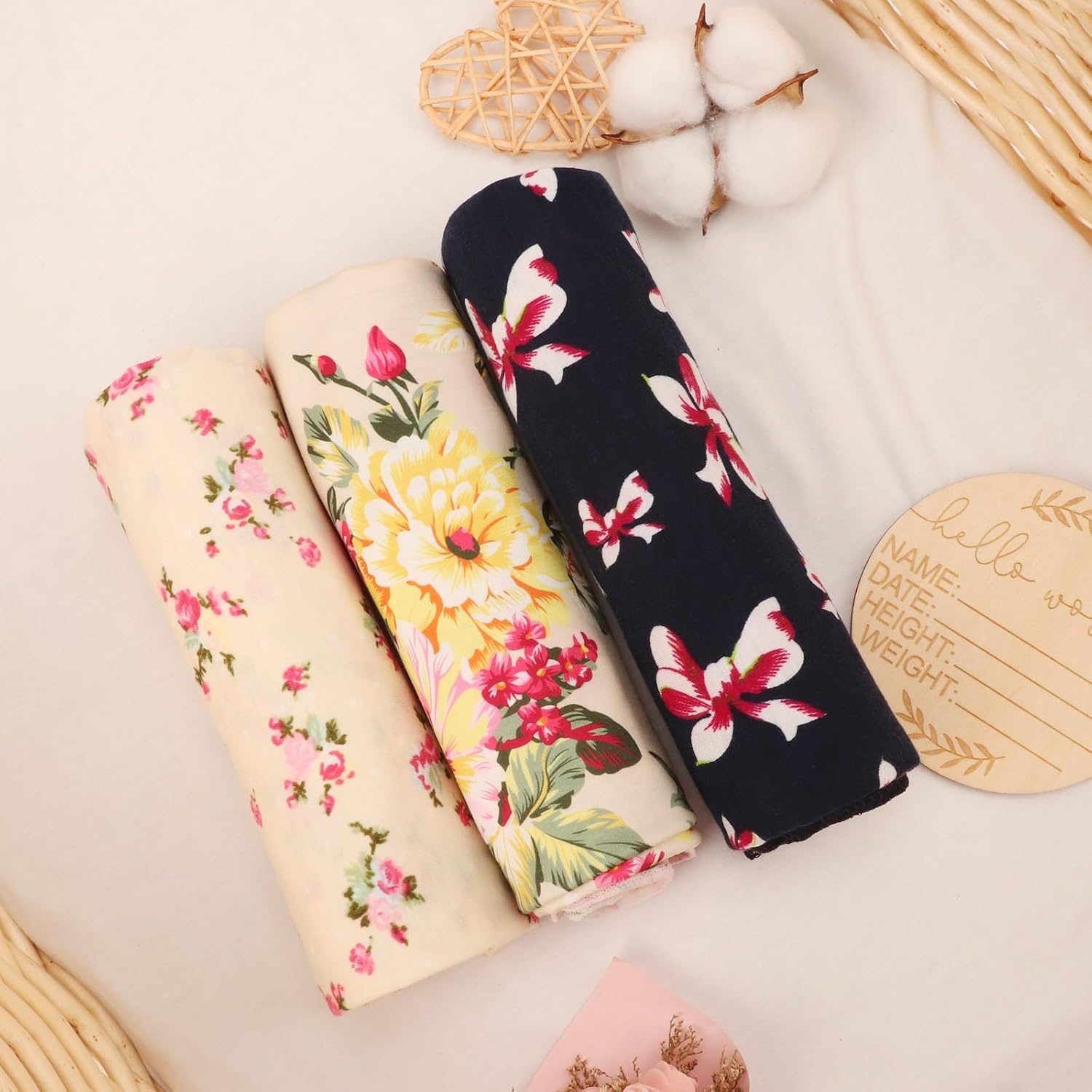 image:imageDRESHOW BQUBO Newborn Receiving Blanket with Bow Hat Set Flower Print Baby Swaddle Blankets with Beanie Nursery Swaddle Wrap 3 Sets3 Floral Sets Blanket Bow Hat Mittens Birth Announcement Card a