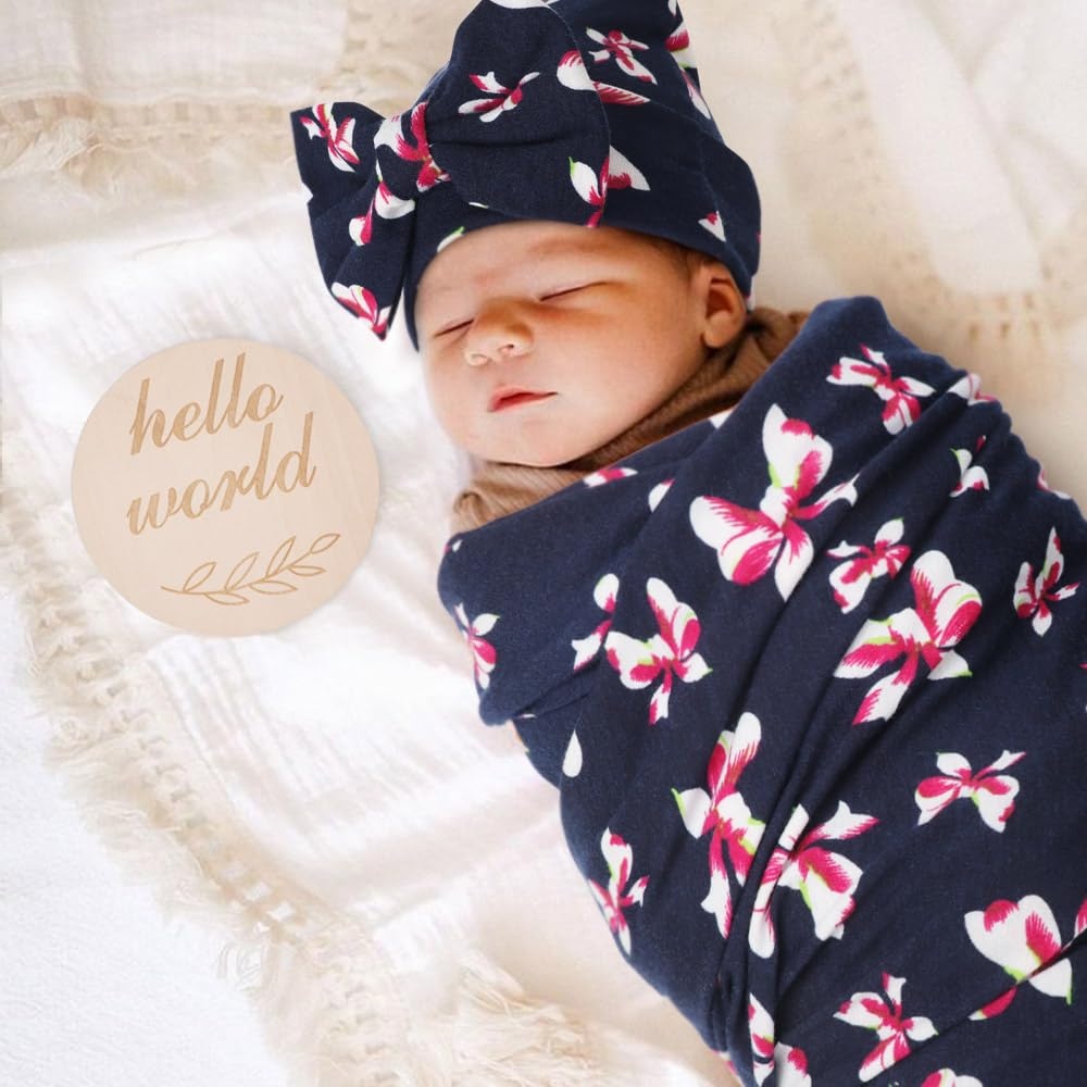 image:imageDRESHOW BQUBO Newborn Receiving Blanket with Bow Hat Set Flower Print Baby Swaddle Blankets with Beanie Nursery Swaddle Wrap 3 Sets3 Floral Sets Blanket Bow Hat Mittens Birth Announcement Card a