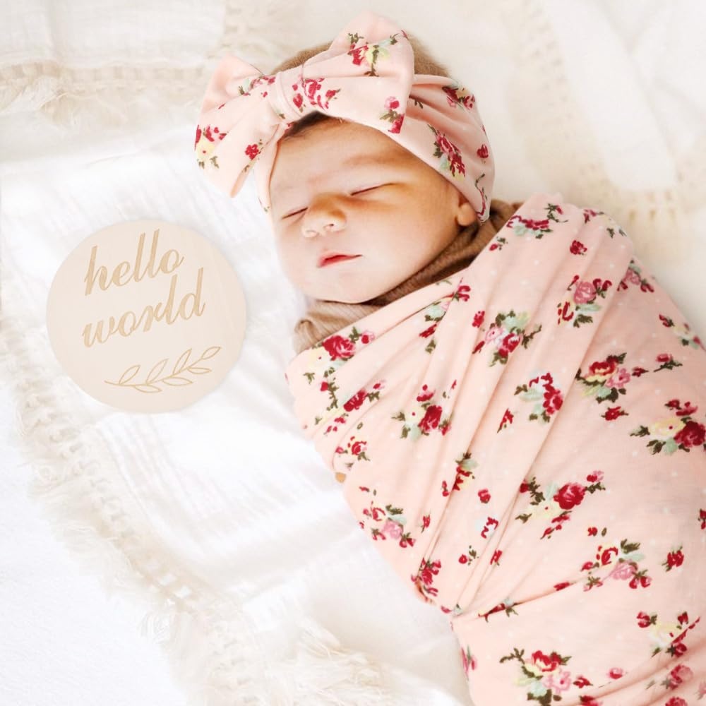image:imageDRESHOW BQUBO Newborn Receiving Blanket with Bow Hat Set Flower Print Baby Swaddle Blankets with Beanie Nursery Swaddle Wrap 3 Sets3 Pack Floral Newborn Swaddle Headband Sets