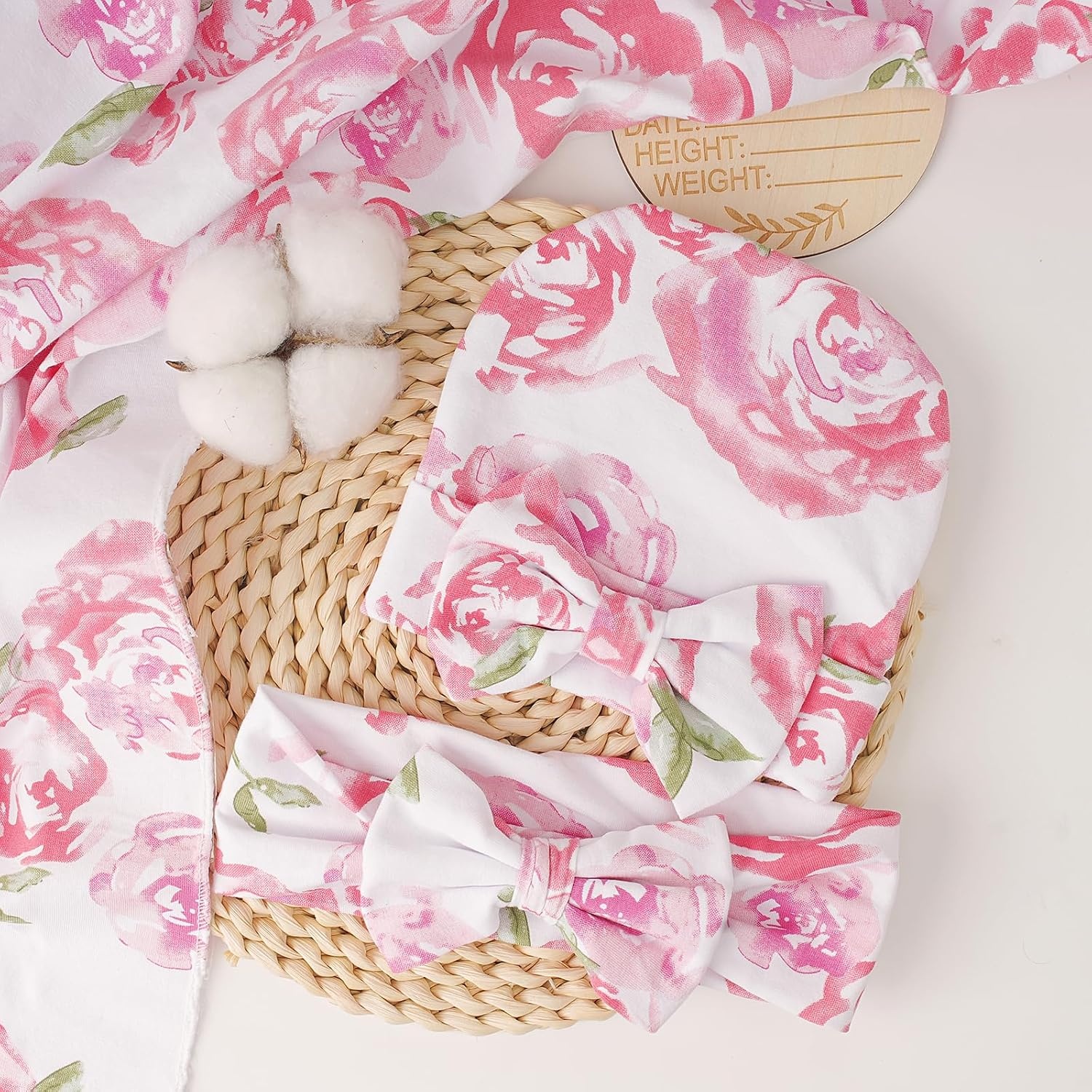 image:imageDRESHOW BQUBO Newborn Receiving Blanket with Bow Hat Set Flower Print Baby Swaddle Blankets with Beanie Nursery Swaddle Wrap 3 Sets3 Pack Floral Newborn Swaddle Headband Sets