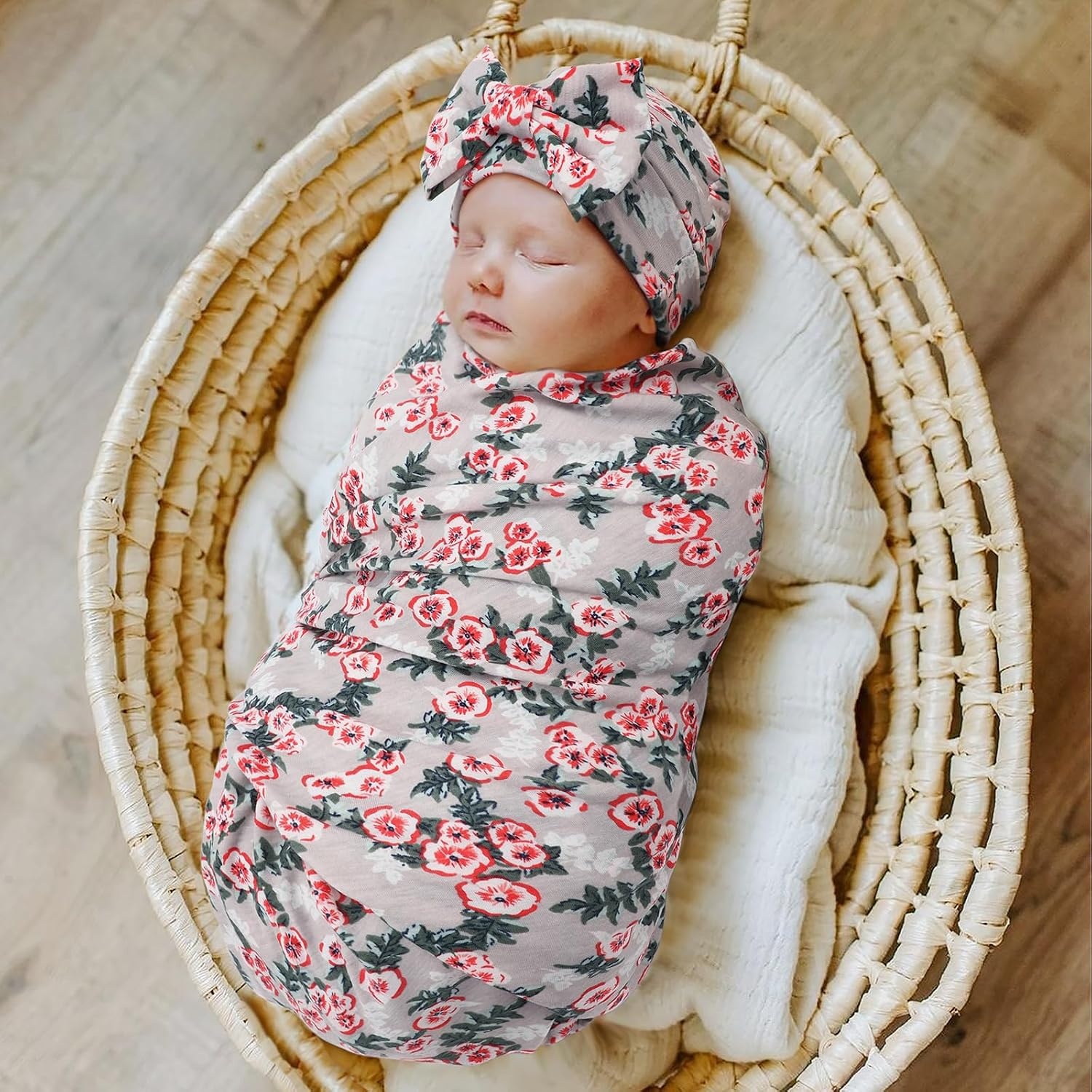 image:imageDRESHOW BQUBO Newborn Receiving Blanket with Bow Hat Set Flower Print Baby Swaddle Blankets with Beanie Nursery Swaddle Wrap 3 Sets3 Sets Printed Bow Hat Blanket E