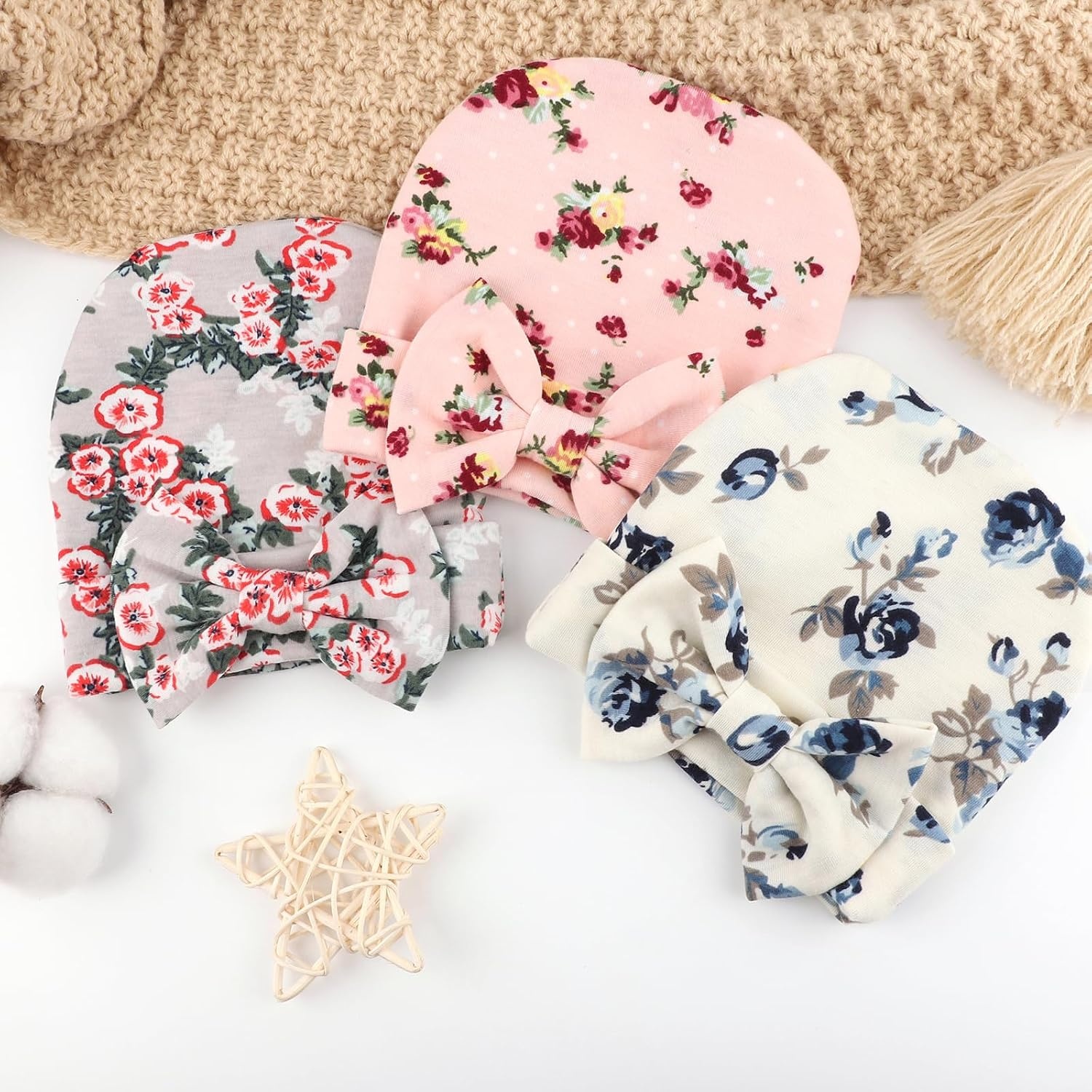 image:imageDRESHOW BQUBO Newborn Receiving Blanket with Bow Hat Set Flower Print Baby Swaddle Blankets with Beanie Nursery Swaddle Wrap 3 Sets3 Sets Printed Bow Hat Blanket E