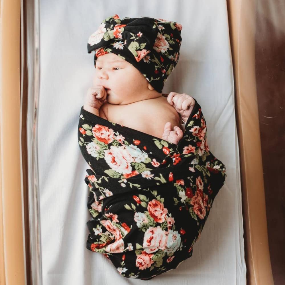 image:imageDRESHOW BQUBO Newborn Receiving Blanket with Bow Hat Set Flower Print Baby Swaddle Blankets with Beanie Nursery Swaddle Wrap 3 Sets3 Sets Printed Bow Hat Blanket Black Pink Green