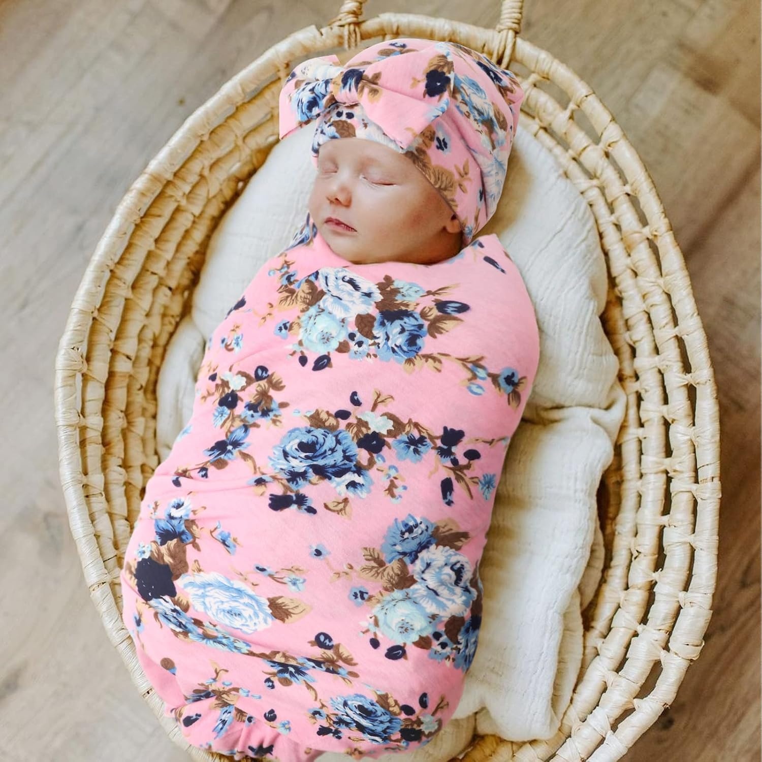 image:imageDRESHOW BQUBO Newborn Receiving Blanket with Bow Hat Set Flower Print Baby Swaddle Blankets with Beanie Nursery Swaddle Wrap 3 Sets3 Sets Printed Bow Hat Blanket Black Pink Green
