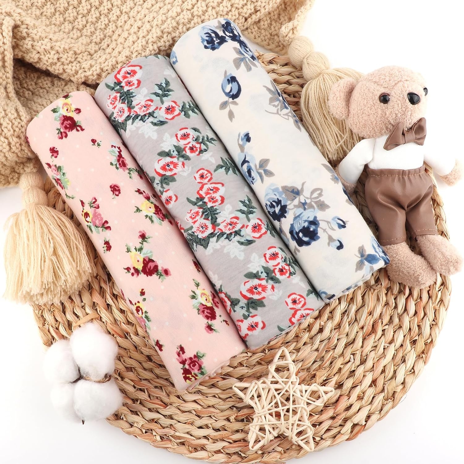 image:imageDRESHOW BQUBO Newborn Receiving Blanket with Bow Hat Set Flower Print Baby Swaddle Blankets with Beanie Nursery Swaddle Wrap 3 Sets3 Sets Printed Bow Hat Blanket E