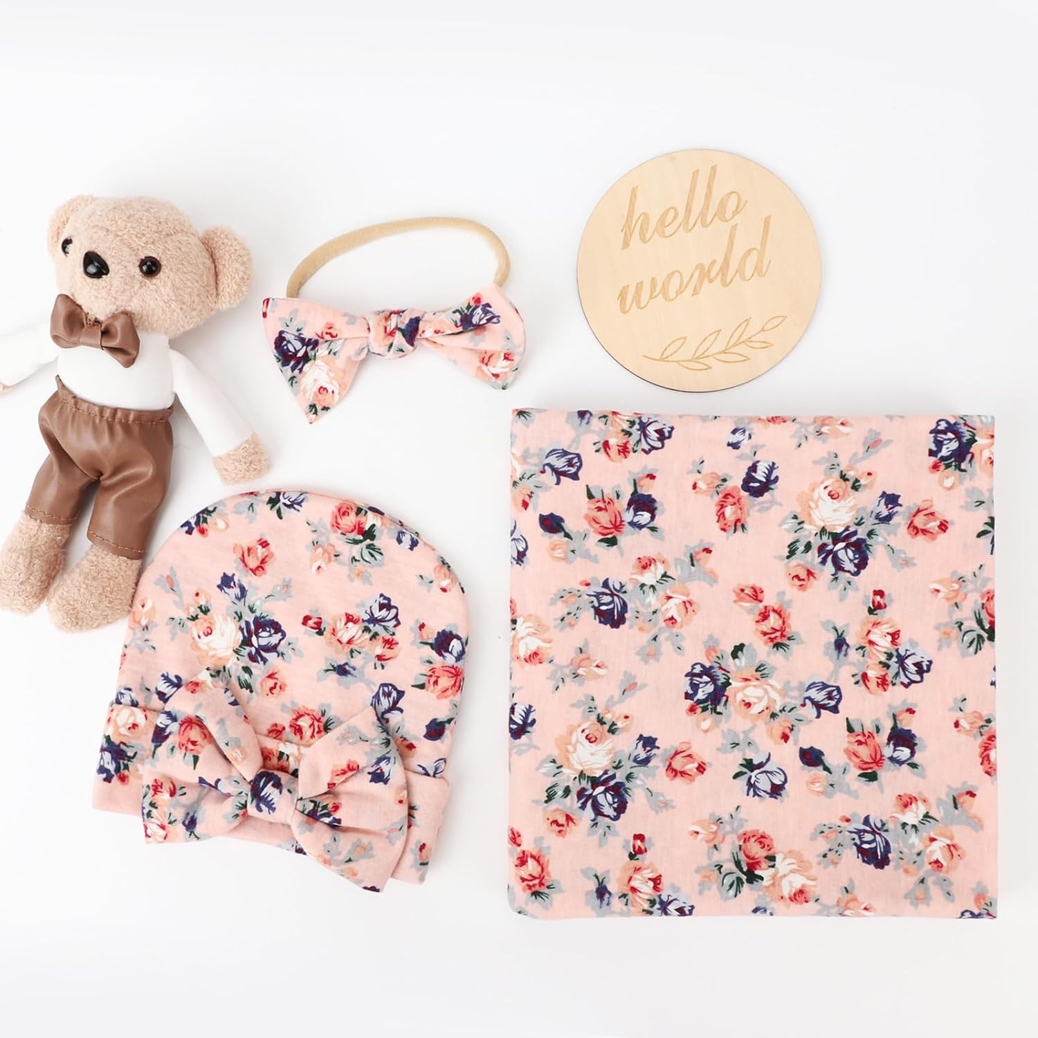 image:imageDRESHOW BQUBO Newborn Receiving Blanket with Bow Hat Set Flower Print Baby Swaddle Blankets with Beanie Nursery Swaddle Wrap 3 SetsFloral Patterned Birth Announcement Card Hat Elastic Headband Blanket