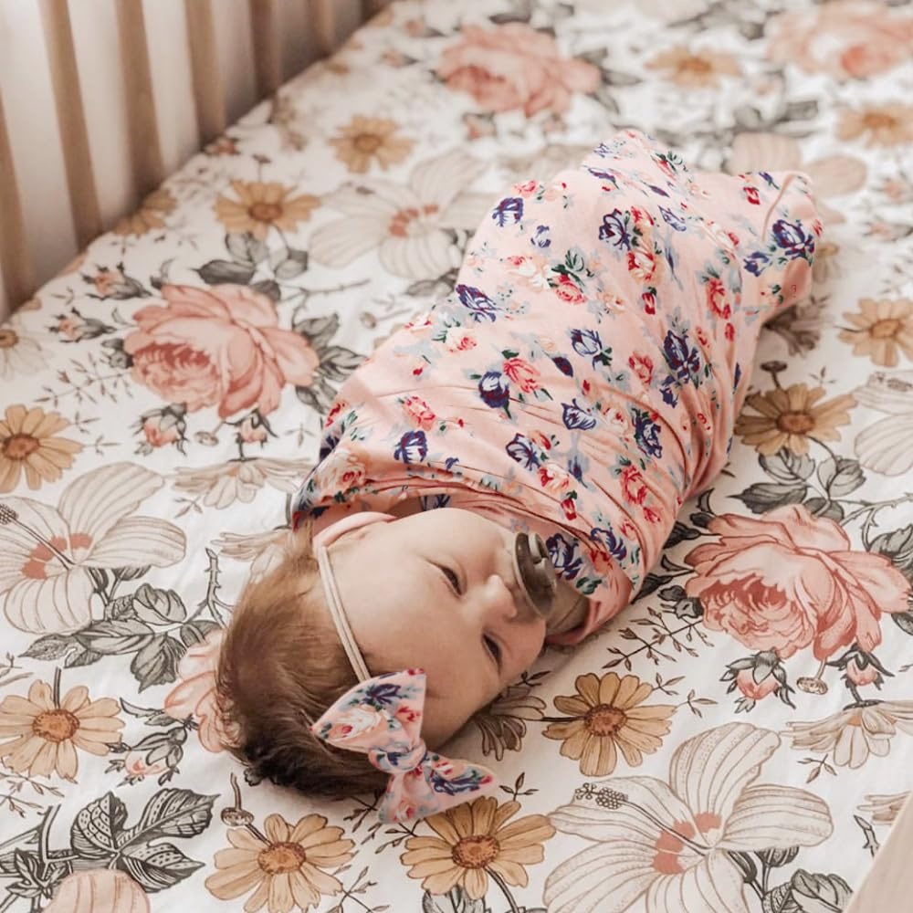 image:imageDRESHOW BQUBO Newborn Receiving Blanket with Bow Hat Set Flower Print Baby Swaddle Blankets with Beanie Nursery Swaddle Wrap 3 SetsFloral Patterned Birth Announcement Card Hat Elastic Headband Blanket