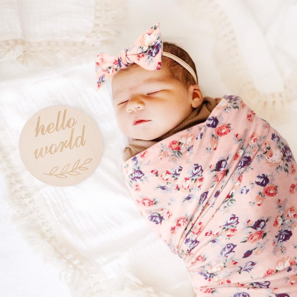 image:imageDRESHOW BQUBO Newborn Receiving Blanket with Bow Hat Set Flower Print Baby Swaddle Blankets with Beanie Nursery Swaddle Wrap 3 SetsFloral Patterned Birth Announcement Card Hat Elastic Headband Blanket