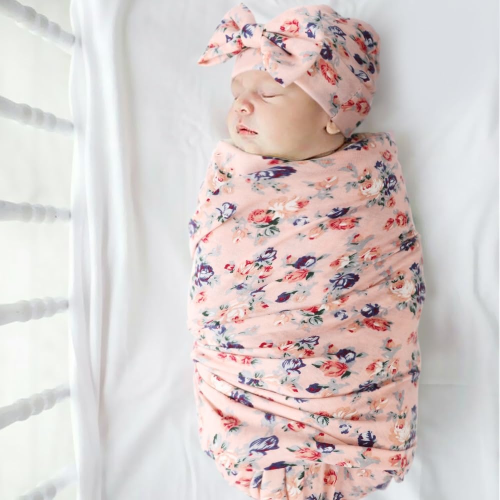image:imageDRESHOW BQUBO Newborn Receiving Blanket with Bow Hat Set Flower Print Baby Swaddle Blankets with Beanie Nursery Swaddle Wrap 3 SetsFloral Patterned Birth Announcement Card Hat Elastic Headband Blanket