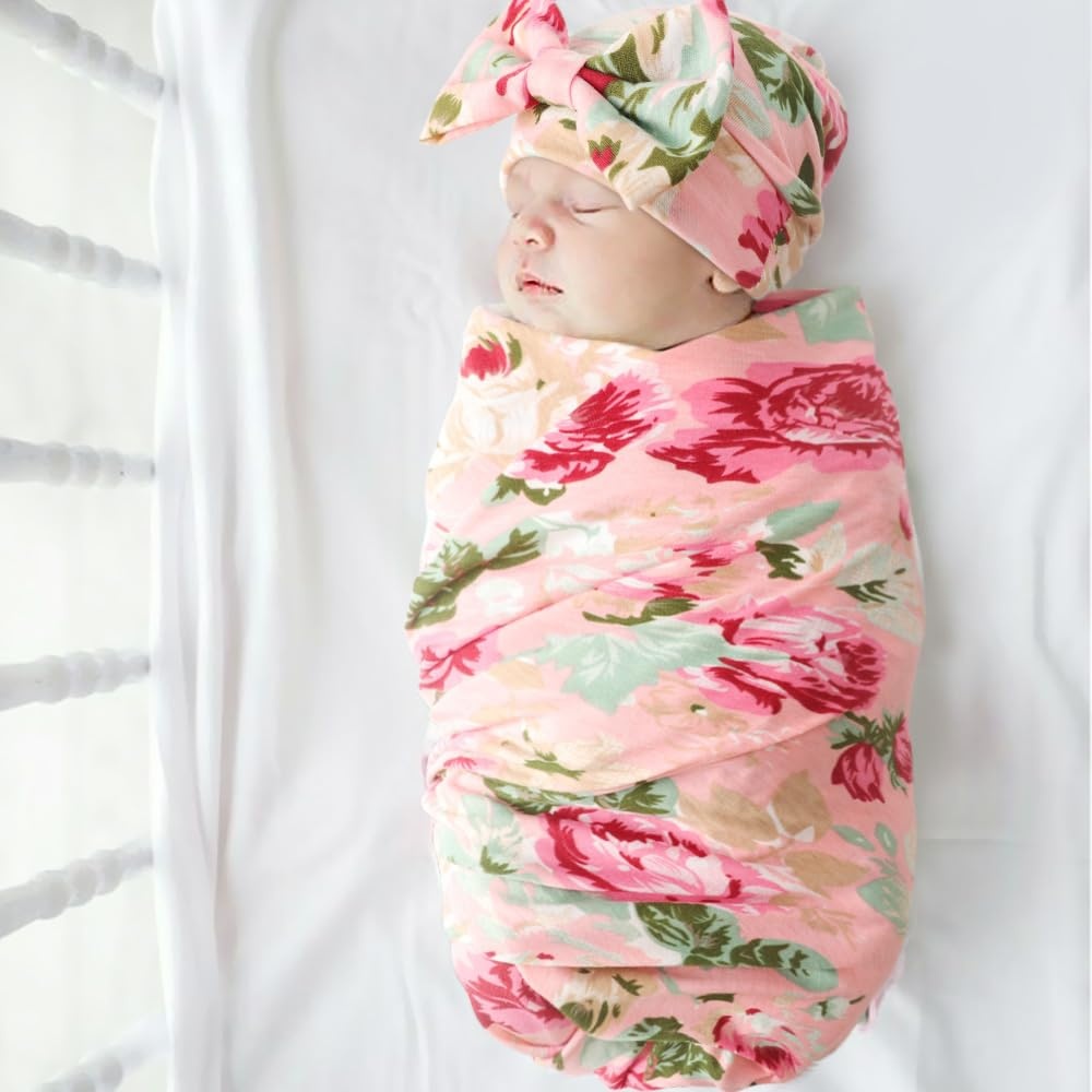image:imageDRESHOW BQUBO Newborn Receiving Blanket with Bow Hat Set Flower Print Baby Swaddle Blankets with Beanie Nursery Swaddle Wrap 3 SetsRose Patterned Birth Announcement Card Hat Elastic Headband Blanket