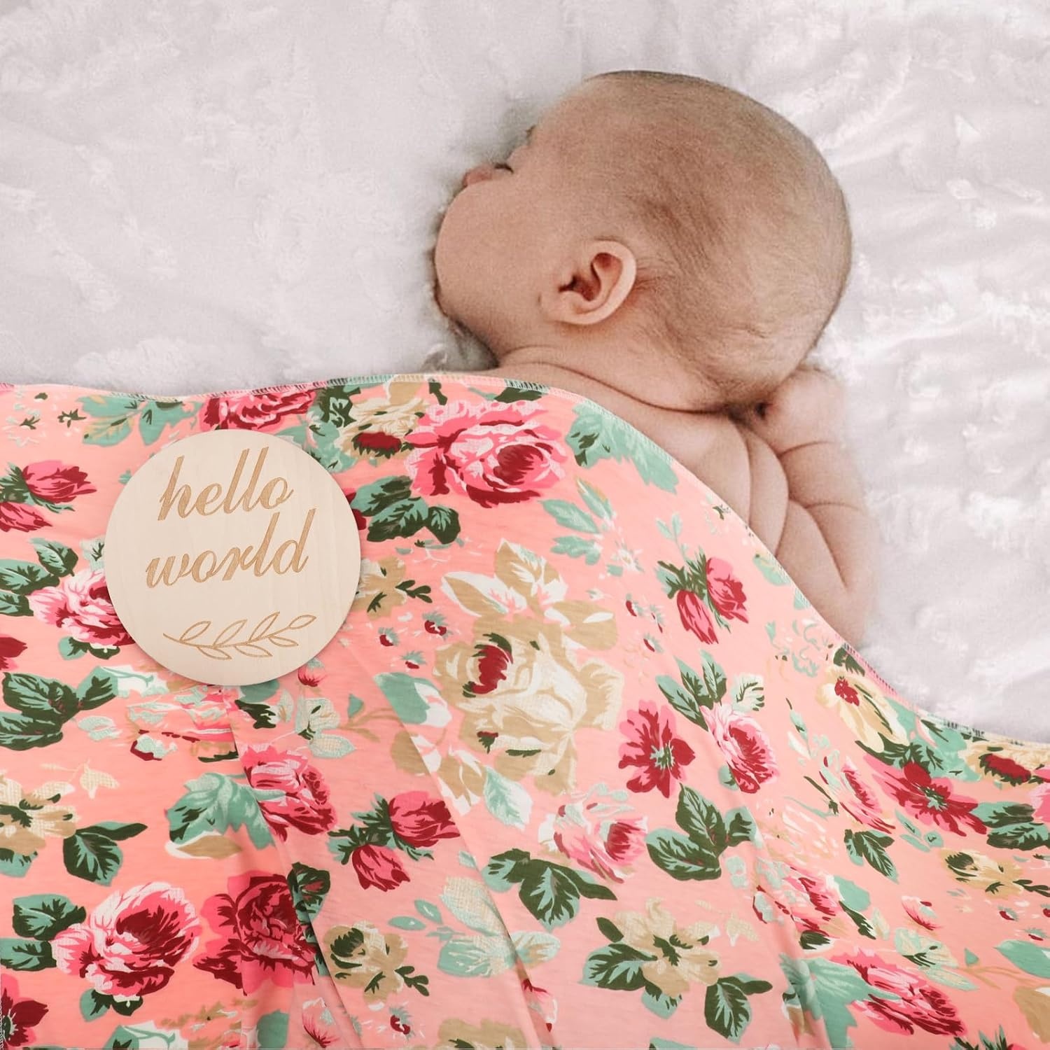 image:imageDRESHOW BQUBO Newborn Receiving Blanket with Bow Hat Set Flower Print Baby Swaddle Blankets with Beanie Nursery Swaddle Wrap 3 SetsRose Patterned Birth Announcement Card Hat Elastic Headband Blanket