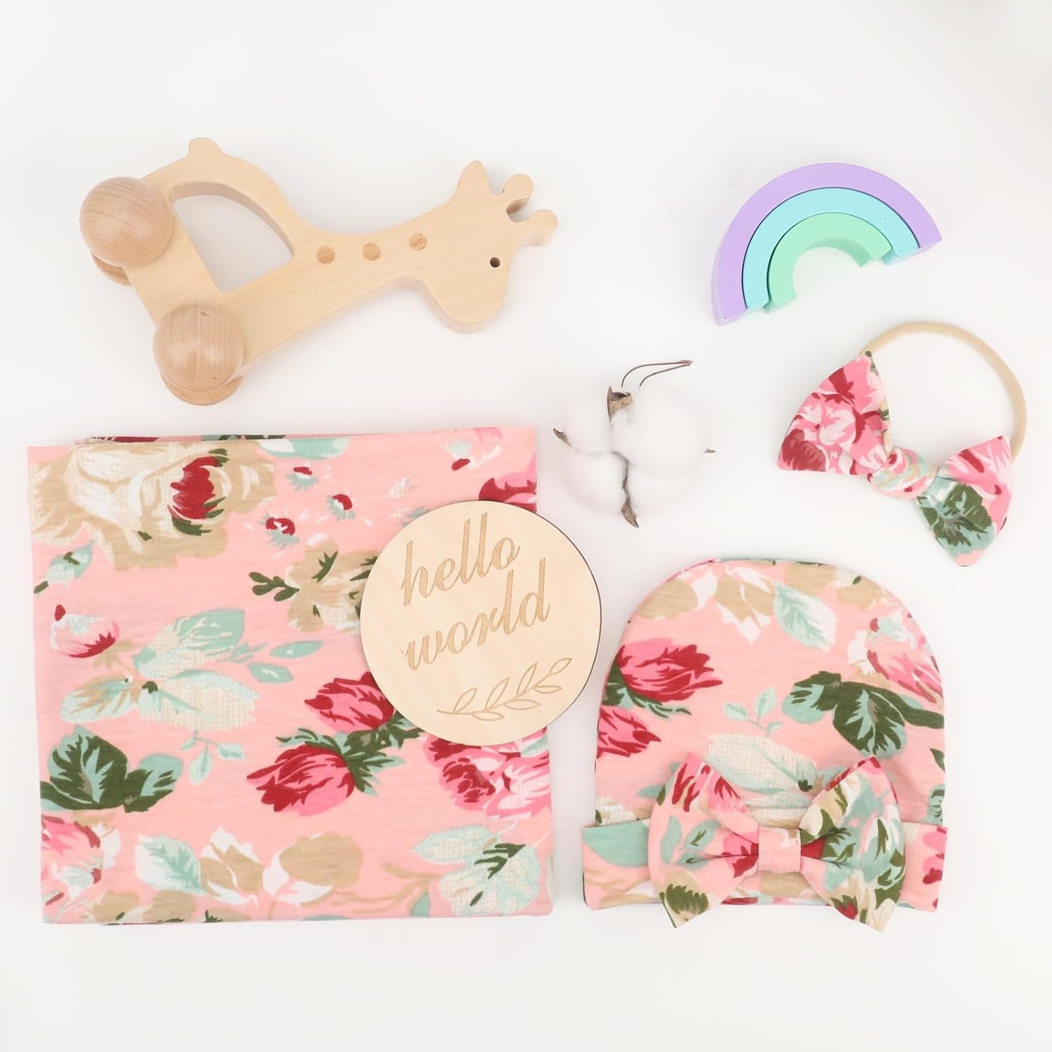 image:imageDRESHOW BQUBO Newborn Receiving Blanket with Bow Hat Set Flower Print Baby Swaddle Blankets with Beanie Nursery Swaddle Wrap 3 SetsRose Patterned Birth Announcement Card Hat Elastic Headband Blanket